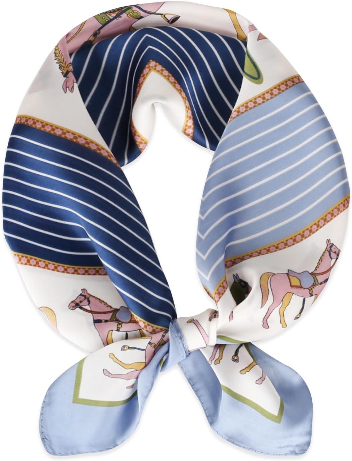 imageEXTREE Silk Feeling Scarf Medium Square Satin Head Scarf Sleeping Hair Wrapping for Women 275  275 inchesBack Horse Frame Blue