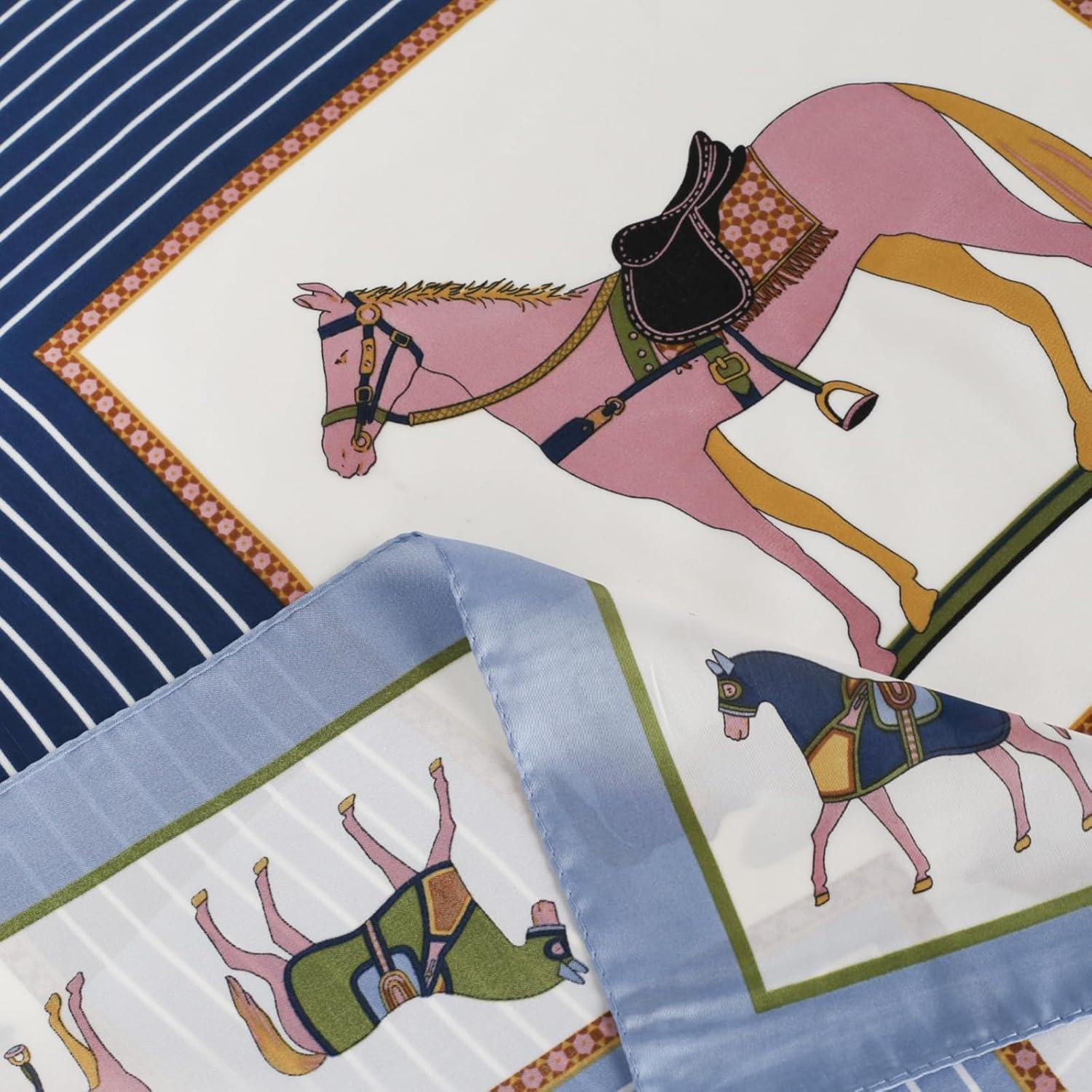 imageEXTREE Silk Feeling Scarf Medium Square Satin Head Scarf Sleeping Hair Wrapping for Women 275  275 inchesBack Horse Frame Blue