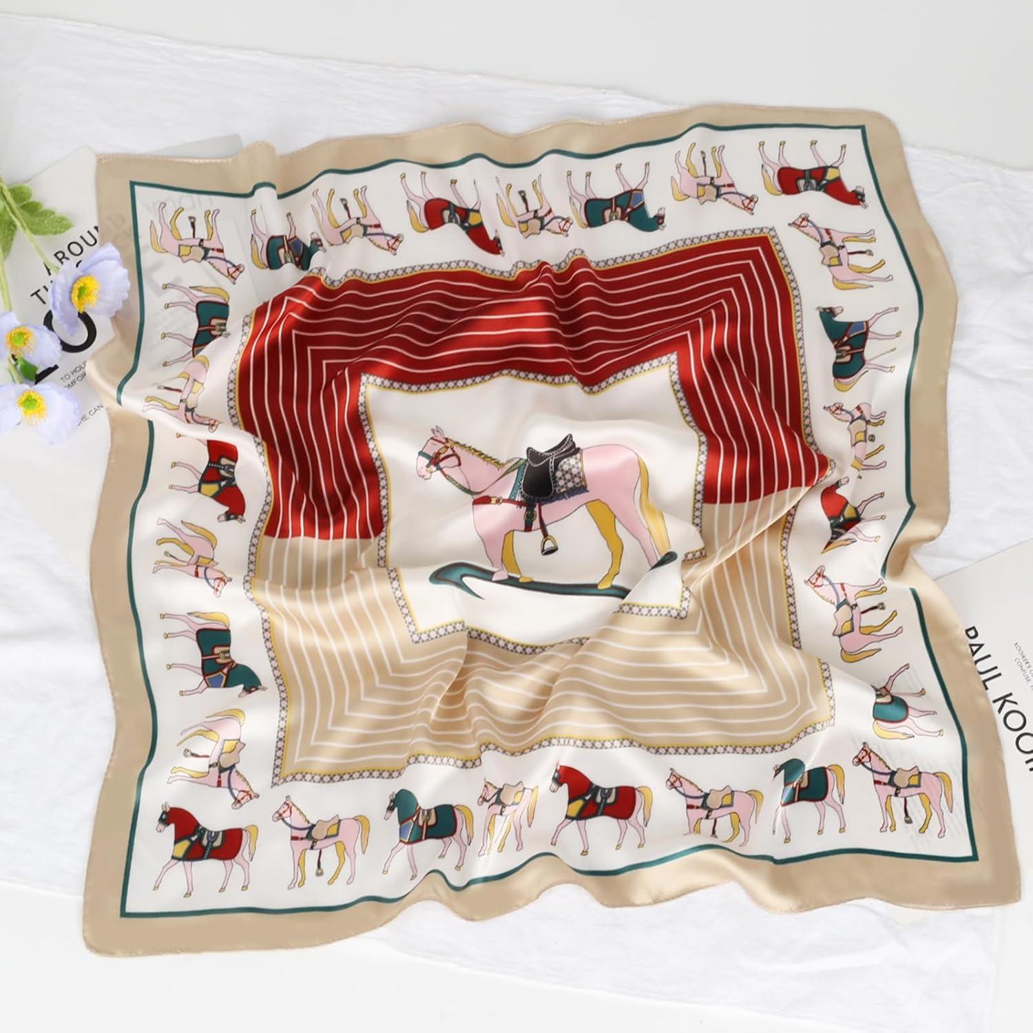 imageEXTREE Silk Feeling Scarf Medium Square Satin Head Scarf Sleeping Hair Wrapping for Women 275  275 inchesBack Horse Frame Khaki