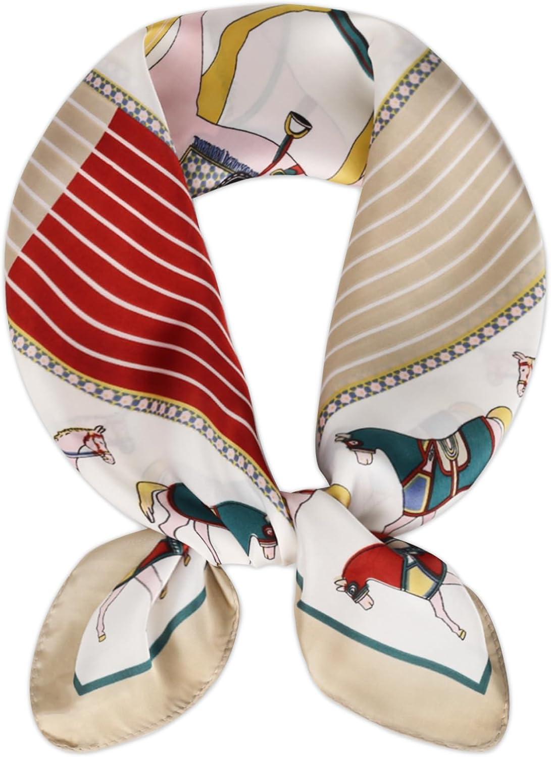 imageEXTREE Silk Feeling Scarf Medium Square Satin Head Scarf Sleeping Hair Wrapping for Women 275  275 inchesBack Horse Frame Khaki