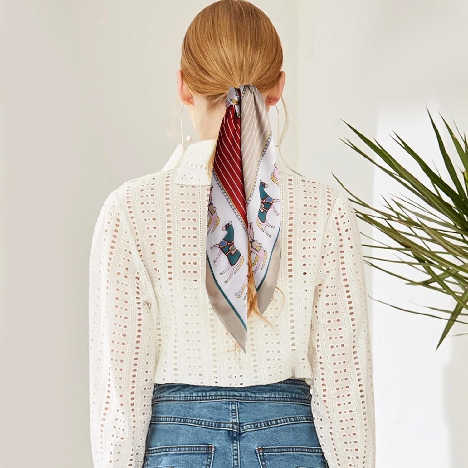 imageEXTREE Silk Feeling Scarf Medium Square Satin Head Scarf Sleeping Hair Wrapping for Women 275  275 inchesBack Horse Frame Khaki