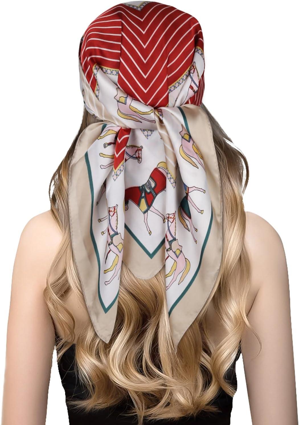 imageEXTREE Silk Feeling Scarf Medium Square Satin Head Scarf Sleeping Hair Wrapping for Women 275  275 inchesBack Horse Frame Khaki
