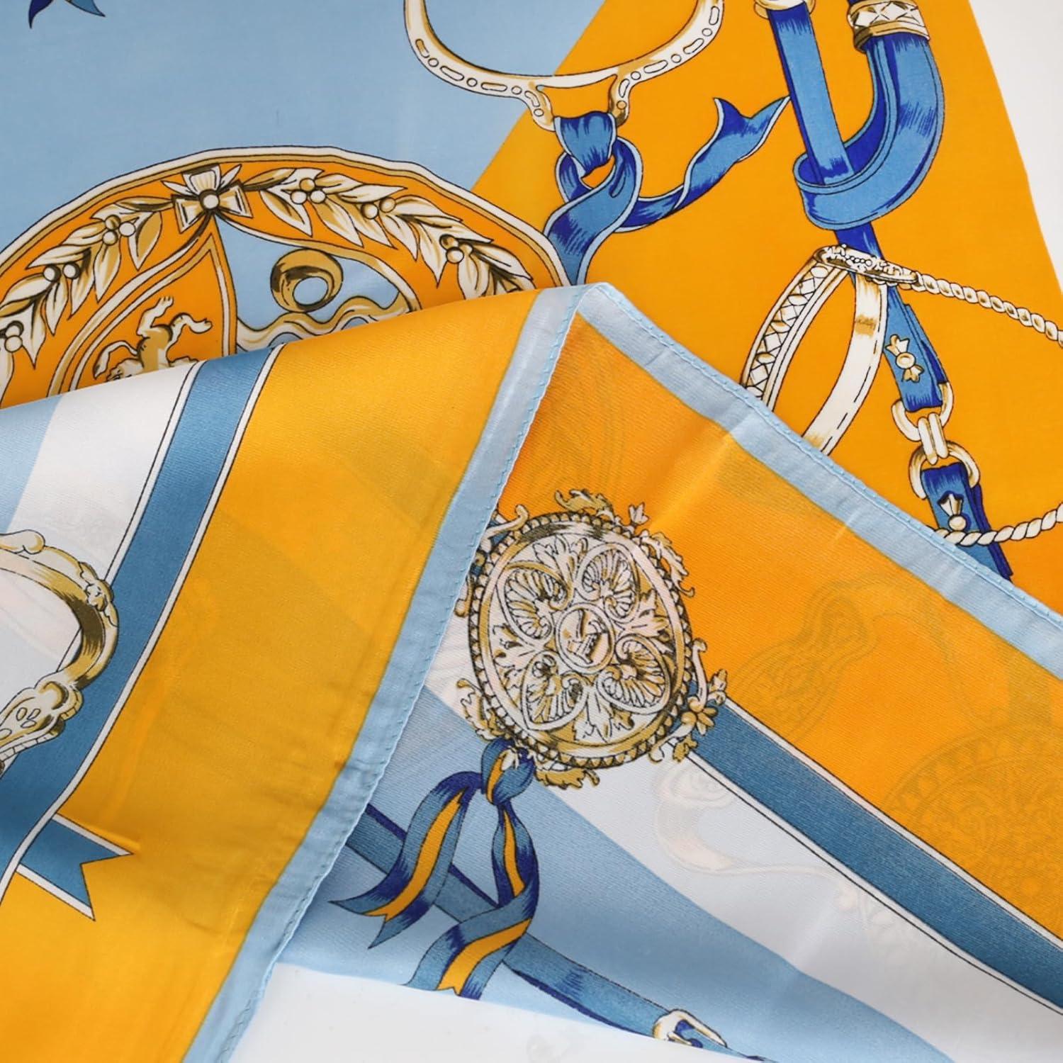 imageEXTREE Silk Feeling Scarf Medium Square Satin Head Scarf Sleeping Hair Wrapping for Women 275  275 inchesBadge Blue Border