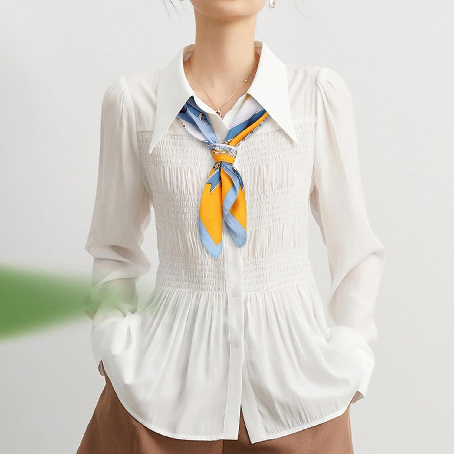 imageEXTREE Silk Feeling Scarf Medium Square Satin Head Scarf Sleeping Hair Wrapping for Women 275  275 inchesBadge Blue Border