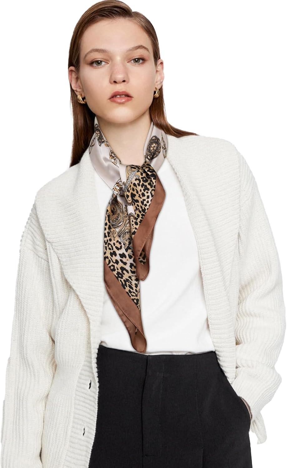 imageEXTREE Silk Feeling Scarf Medium Square Satin Head Scarf Sleeping Hair Wrapping for Women 275  275 inchesBeige Ambiguous Leopard Print