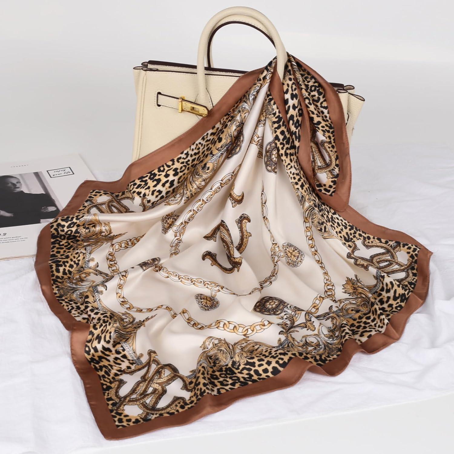 imageEXTREE Silk Feeling Scarf Medium Square Satin Head Scarf Sleeping Hair Wrapping for Women 275  275 inchesBeige Ambiguous Leopard Print