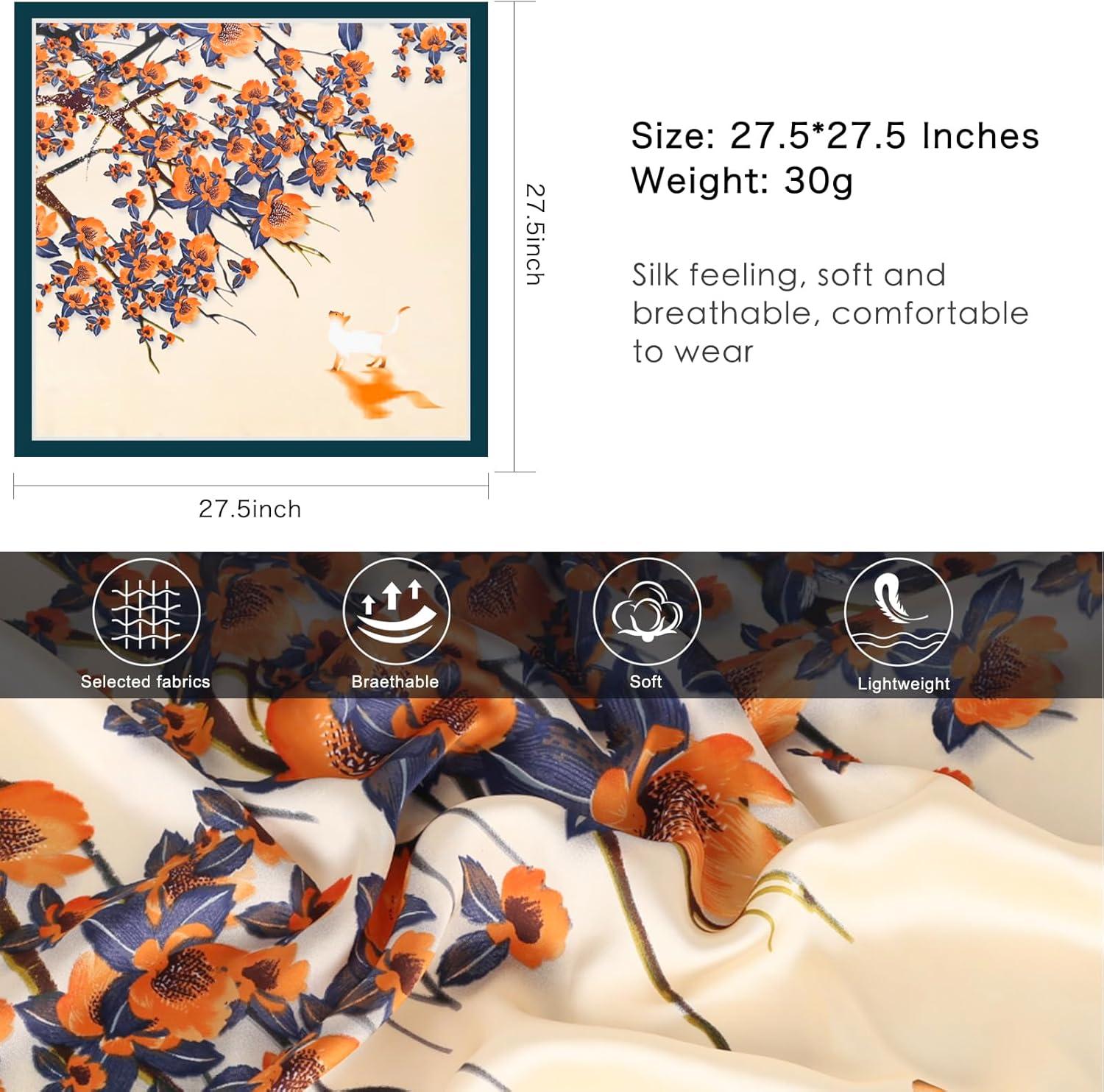 imageEXTREE Silk Feeling Scarf Medium Square Satin Head Scarf Sleeping Hair Wrapping for Women 275  275 inchesBeige Blue Plum Blossom