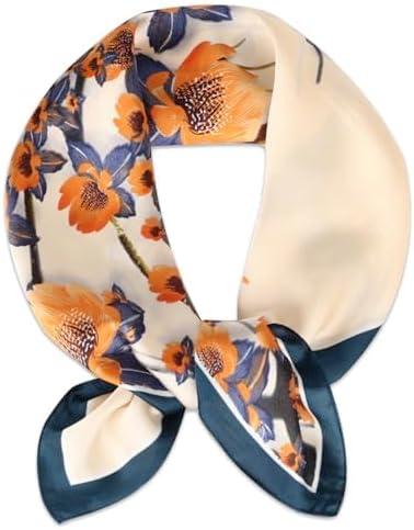 imageEXTREE Silk Feeling Scarf Medium Square Satin Head Scarf Sleeping Hair Wrapping for Women 275  275 inchesBeige Blue Plum Blossom