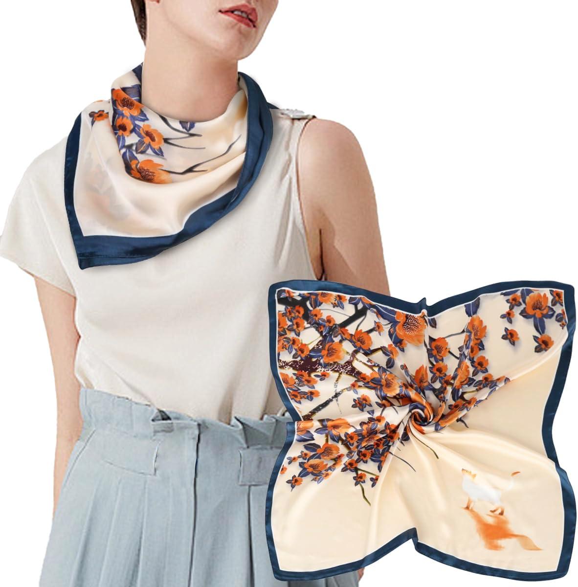 imageEXTREE Silk Feeling Scarf Medium Square Satin Head Scarf Sleeping Hair Wrapping for Women 275  275 inchesBeige Blue Plum Blossom