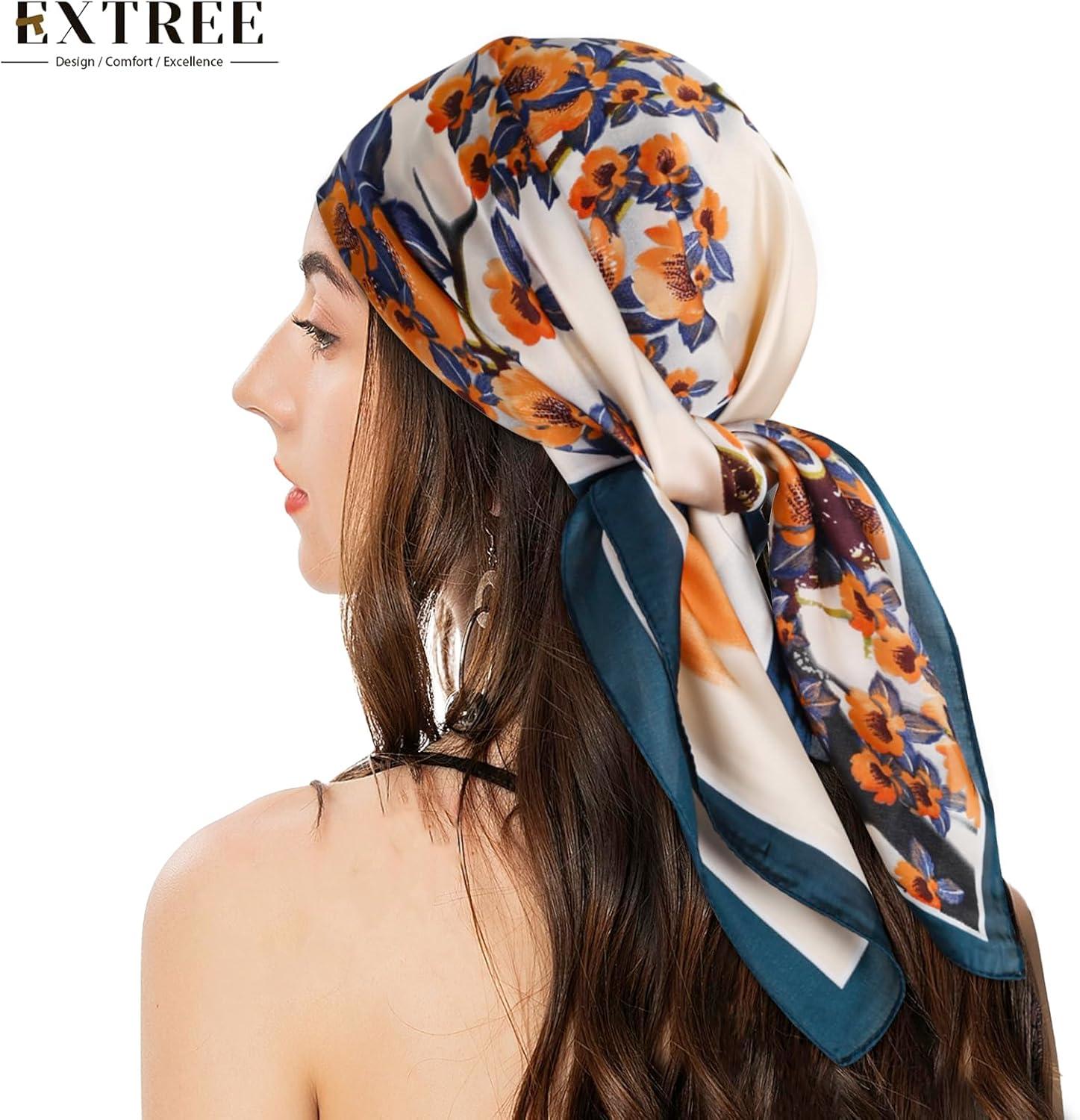 imageEXTREE Silk Feeling Scarf Medium Square Satin Head Scarf Sleeping Hair Wrapping for Women 275  275 inchesBeige Blue Plum Blossom