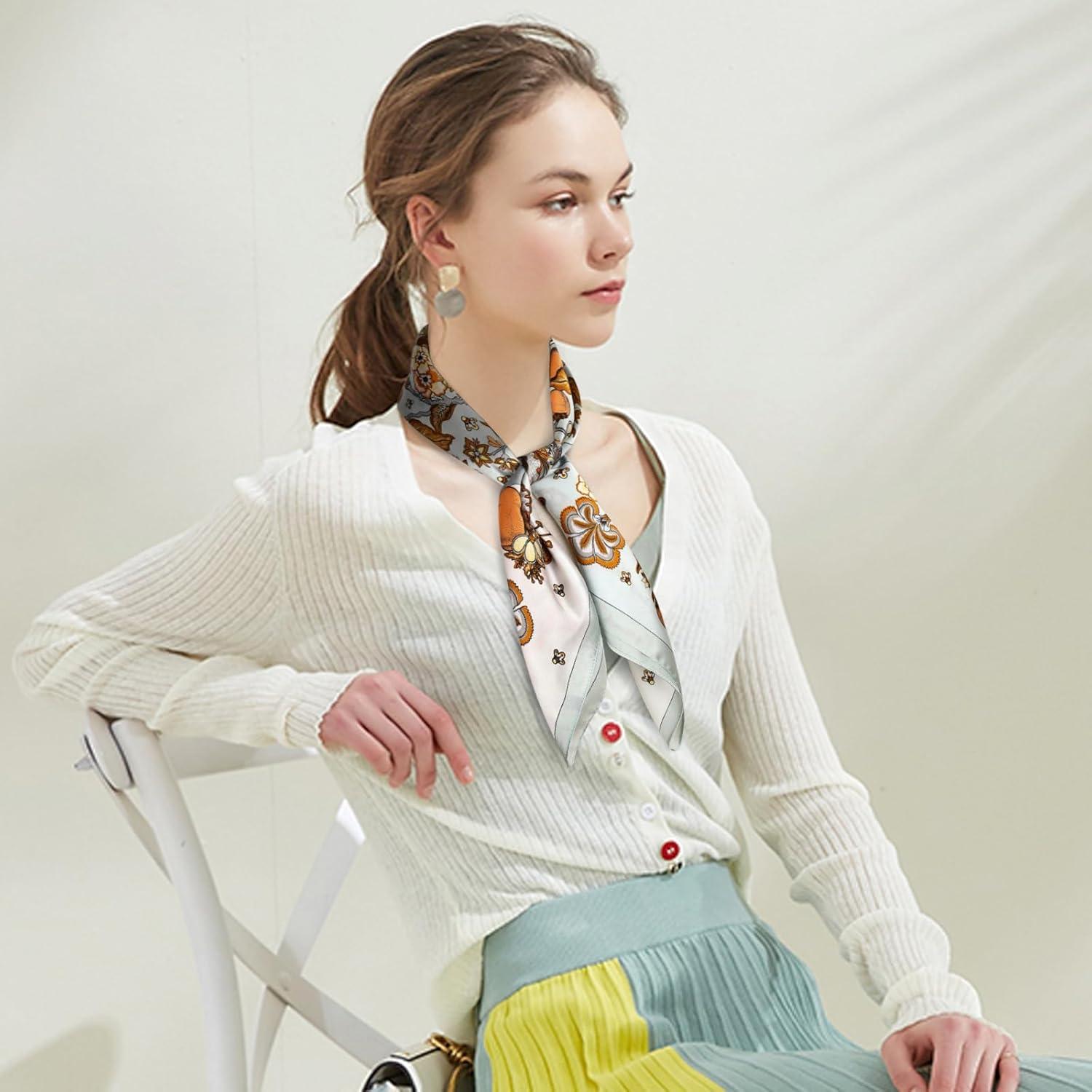 imageEXTREE Silk Feeling Scarf Medium Square Satin Head Scarf Sleeping Hair Wrapping for Women 275  275 inchesBeige Flowers