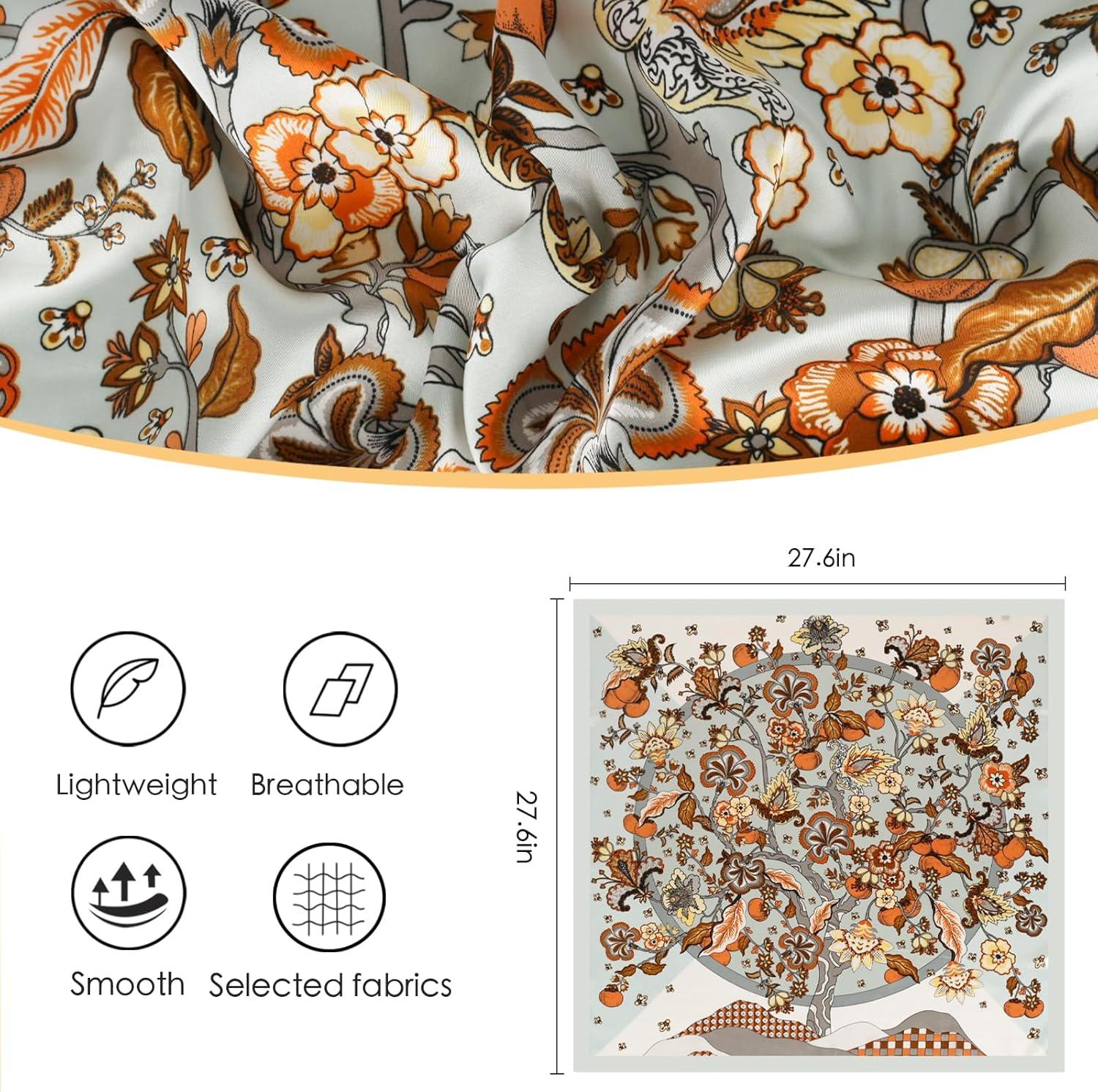 imageEXTREE Silk Feeling Scarf Medium Square Satin Head Scarf Sleeping Hair Wrapping for Women 275  275 inchesBeige Flowers