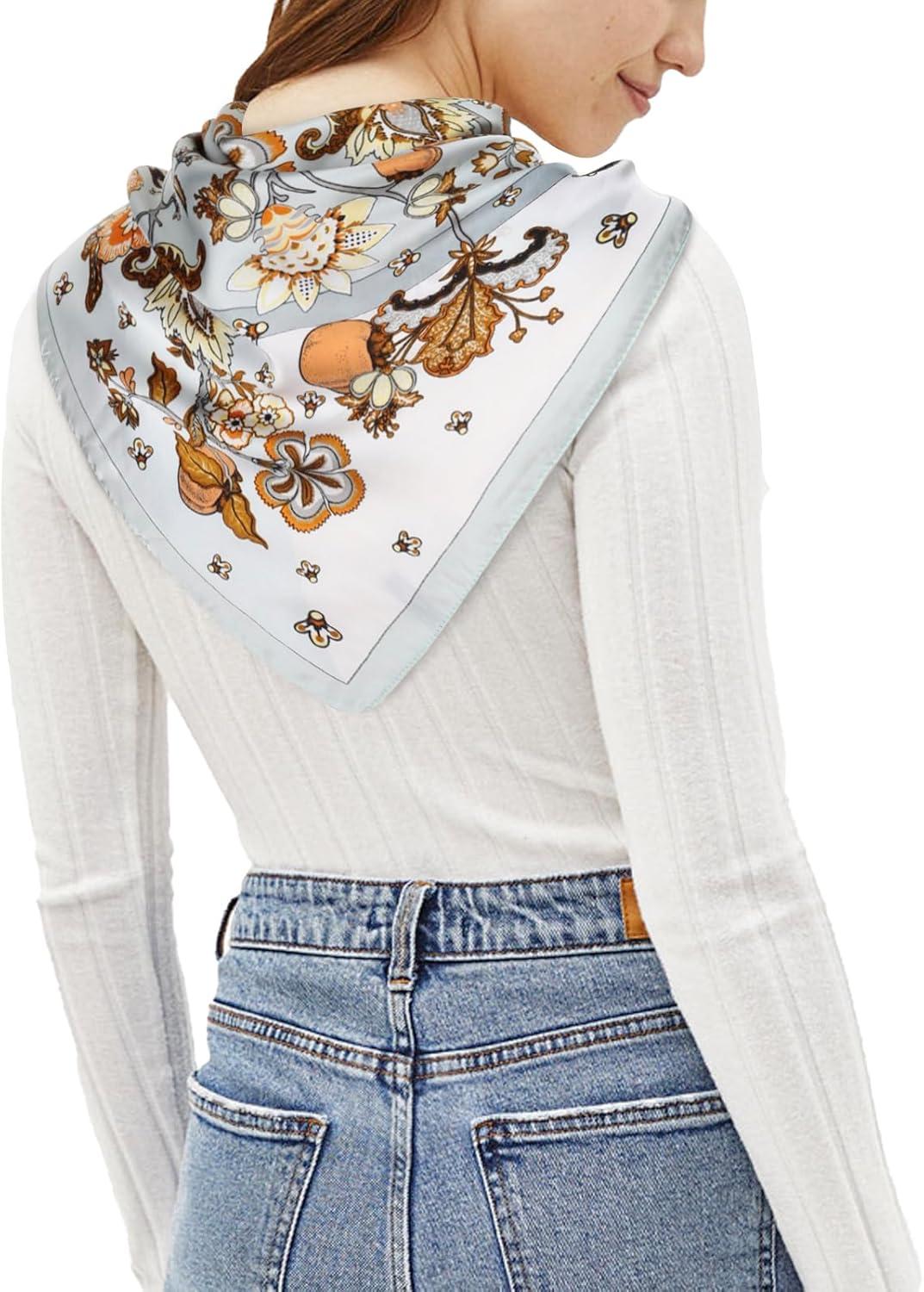 imageEXTREE Silk Feeling Scarf Medium Square Satin Head Scarf Sleeping Hair Wrapping for Women 275  275 inchesBeige Flowers