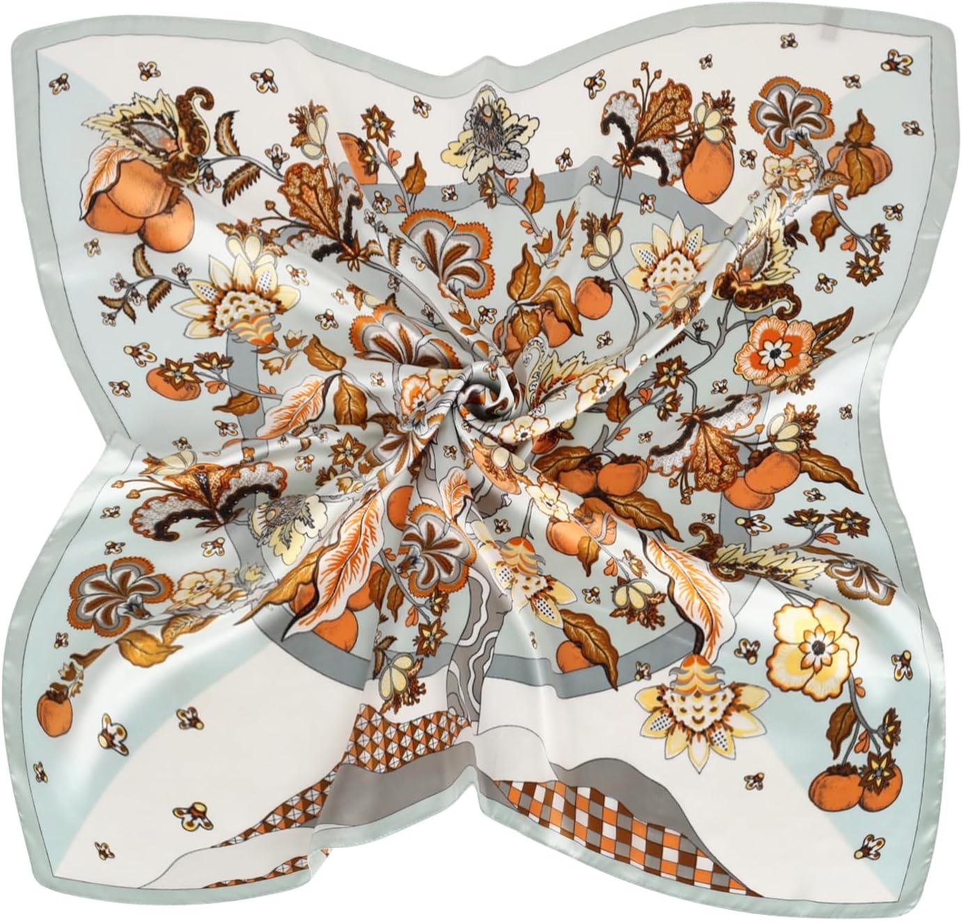 imageEXTREE Silk Feeling Scarf Medium Square Satin Head Scarf Sleeping Hair Wrapping for Women 275  275 inchesBeige Flowers