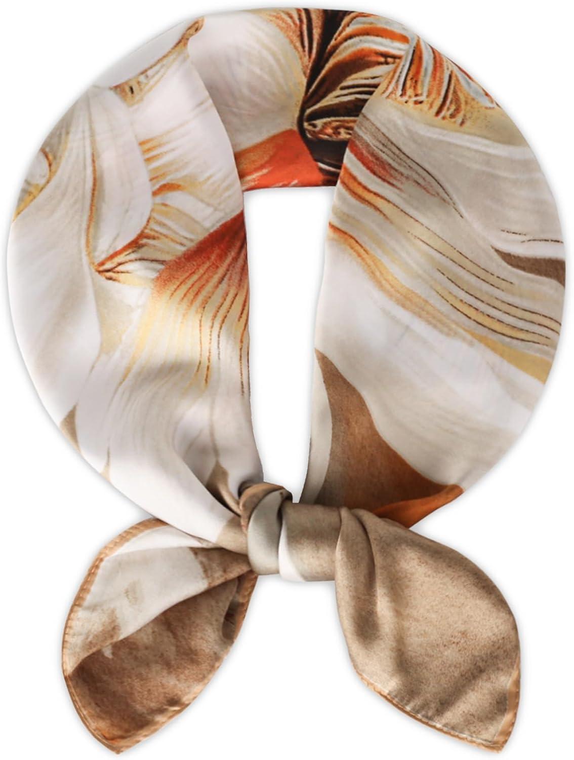 imageEXTREE Silk Feeling Scarf Medium Square Satin Head Scarf Sleeping Hair Wrapping for Women 275  275 inchesBig Lily Light Brown