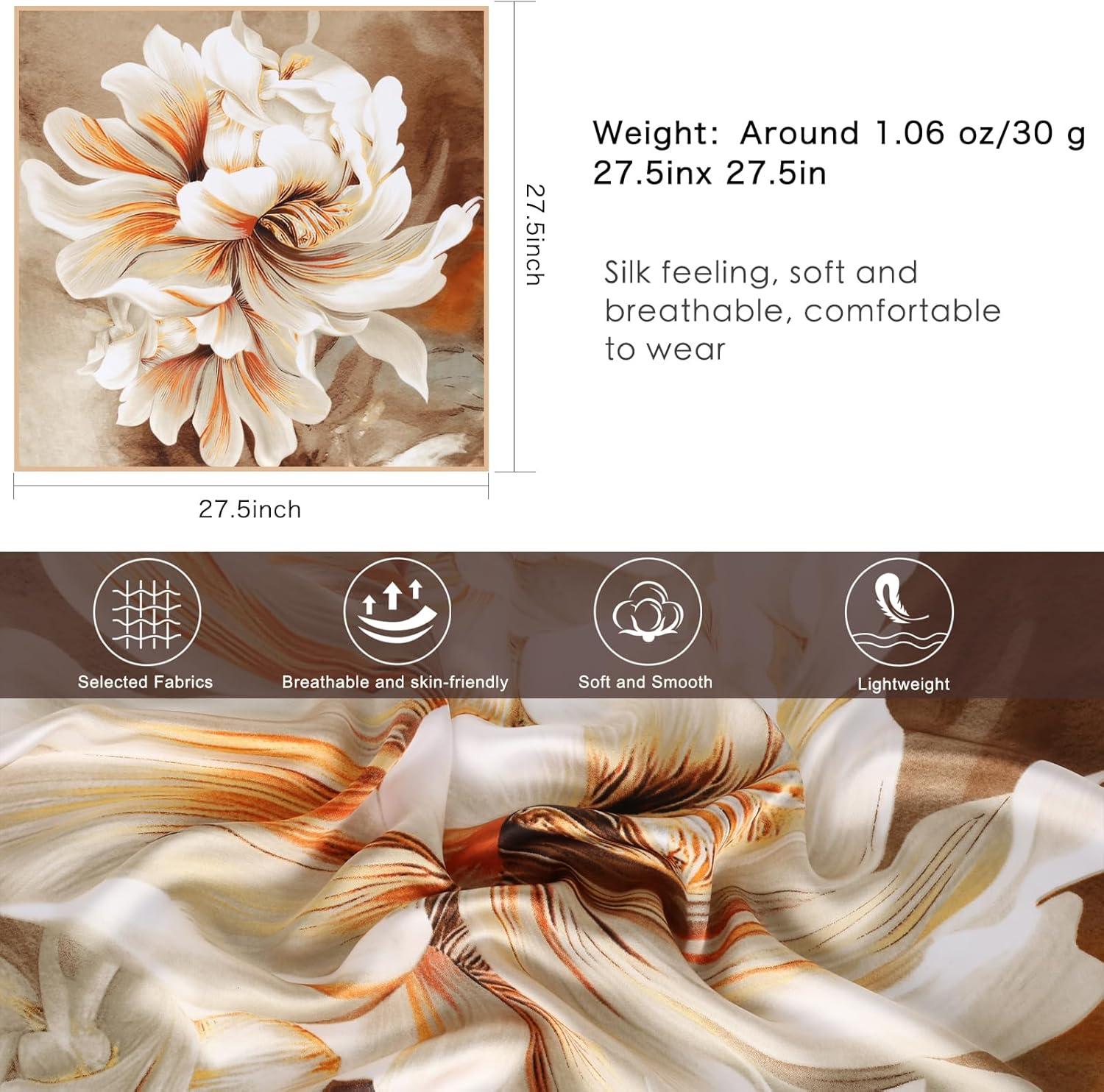 imageEXTREE Silk Feeling Scarf Medium Square Satin Head Scarf Sleeping Hair Wrapping for Women 275  275 inchesBig Lily Light Brown