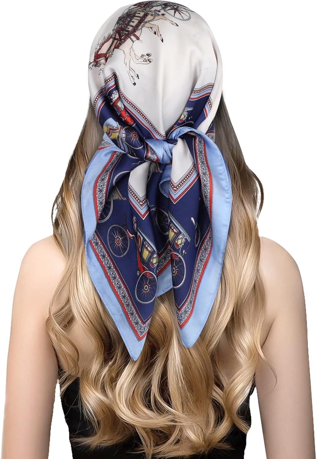 imageEXTREE Silk Feeling Scarf Medium Square Satin Head Scarf Sleeping Hair Wrapping for Women 275  275 inchesBlue Border Square Surround Carriage