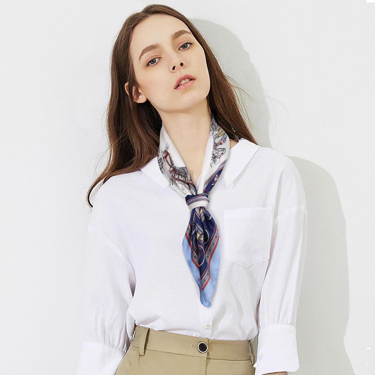 imageEXTREE Silk Feeling Scarf Medium Square Satin Head Scarf Sleeping Hair Wrapping for Women 275  275 inchesBlue Border Square Surround Carriage