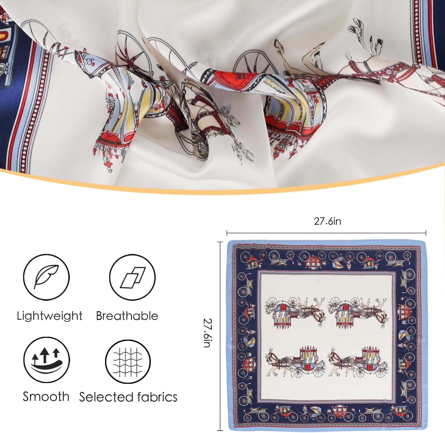 imageEXTREE Silk Feeling Scarf Medium Square Satin Head Scarf Sleeping Hair Wrapping for Women 275  275 inchesBlue Border Square Surround Carriage