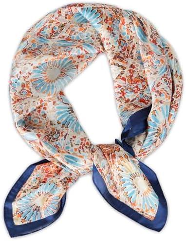 imageEXTREE Silk Feeling Scarf Medium Square Satin Head Scarf Sleeping Hair Wrapping for Women 275  275 inchesBlue Geometric Print