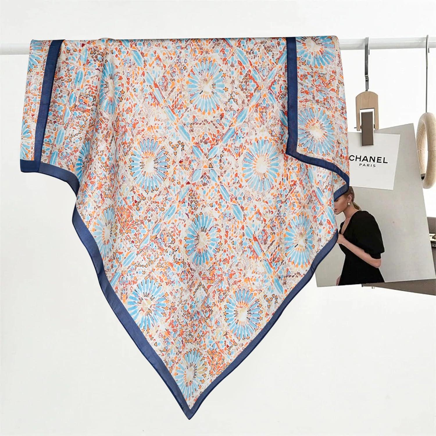 imageEXTREE Silk Feeling Scarf Medium Square Satin Head Scarf Sleeping Hair Wrapping for Women 275  275 inchesBlue Geometric Print