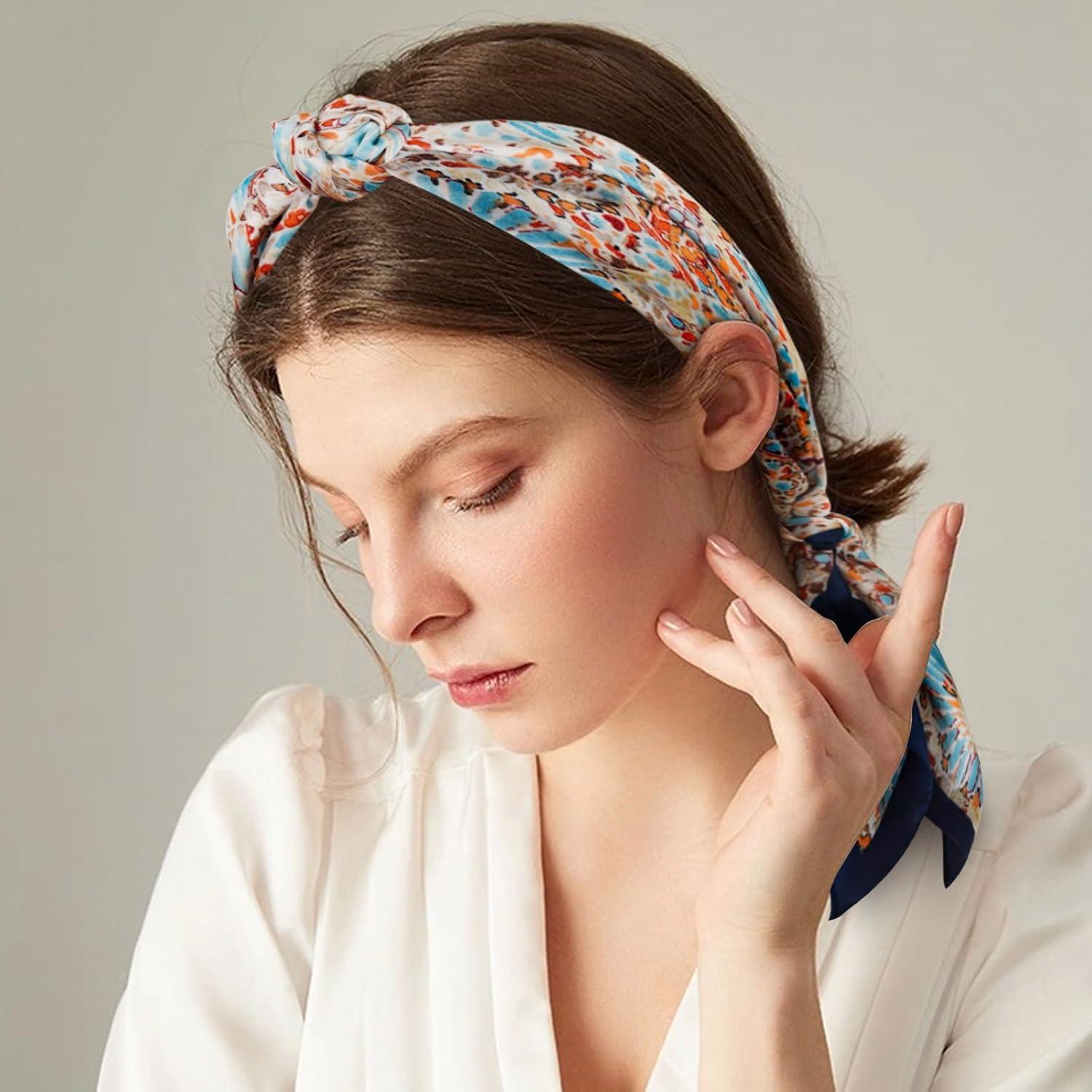 imageEXTREE Silk Feeling Scarf Medium Square Satin Head Scarf Sleeping Hair Wrapping for Women 275  275 inchesBlue Geometric Print