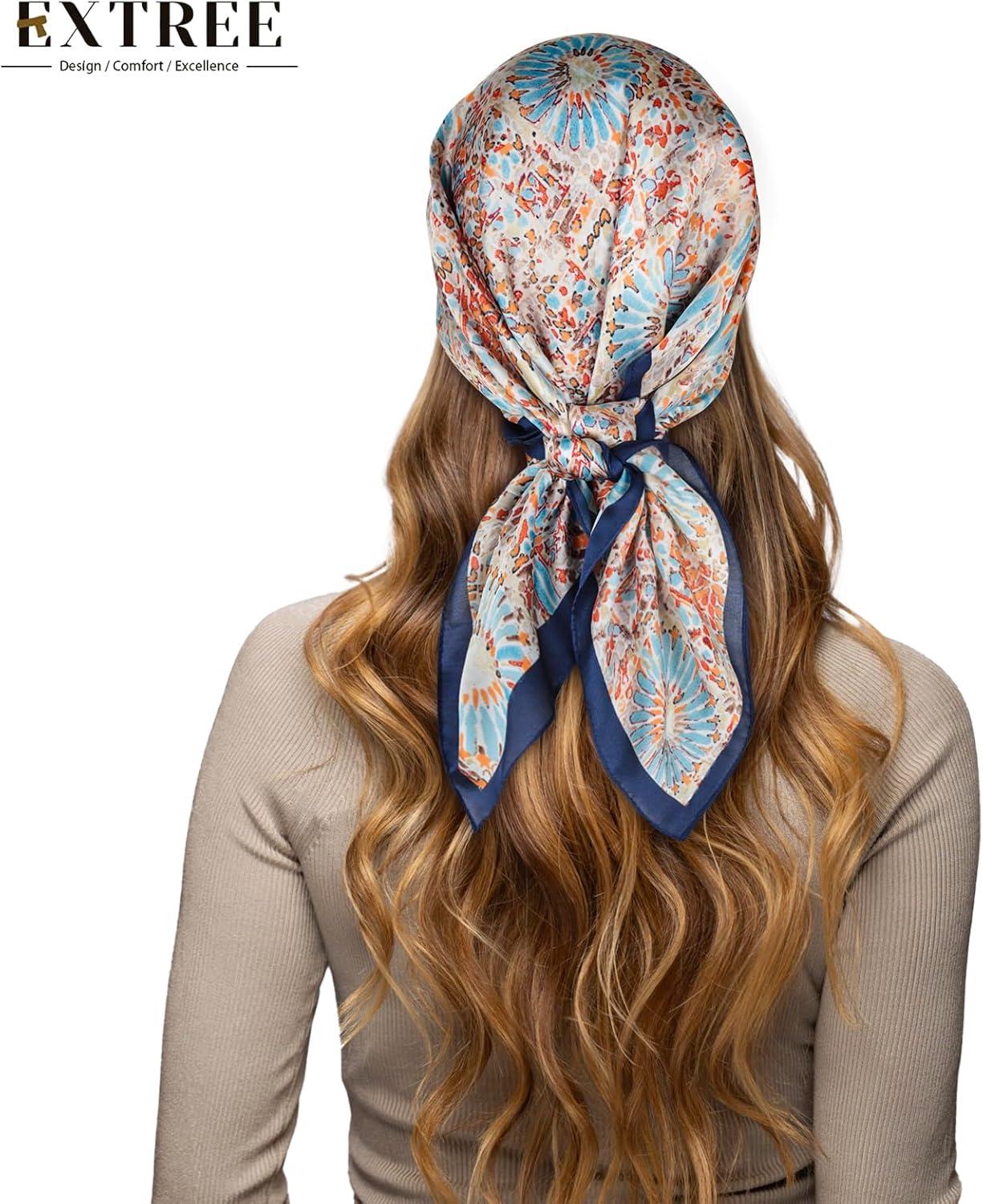 imageEXTREE Silk Feeling Scarf Medium Square Satin Head Scarf Sleeping Hair Wrapping for Women 275  275 inchesBlue Geometric Print