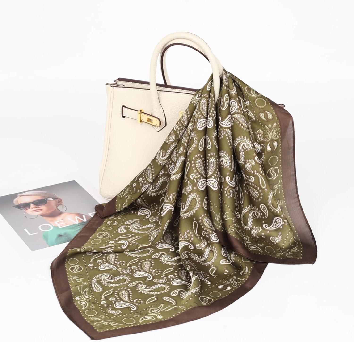 imageEXTREE Silk Feeling Scarf Medium Square Satin Head Scarf Sleeping Hair Wrapping for Women 275  275 inchesButterfly Kidney Green