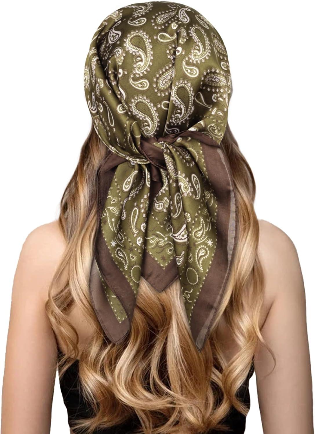 imageEXTREE Silk Feeling Scarf Medium Square Satin Head Scarf Sleeping Hair Wrapping for Women 275  275 inchesButterfly Kidney Green