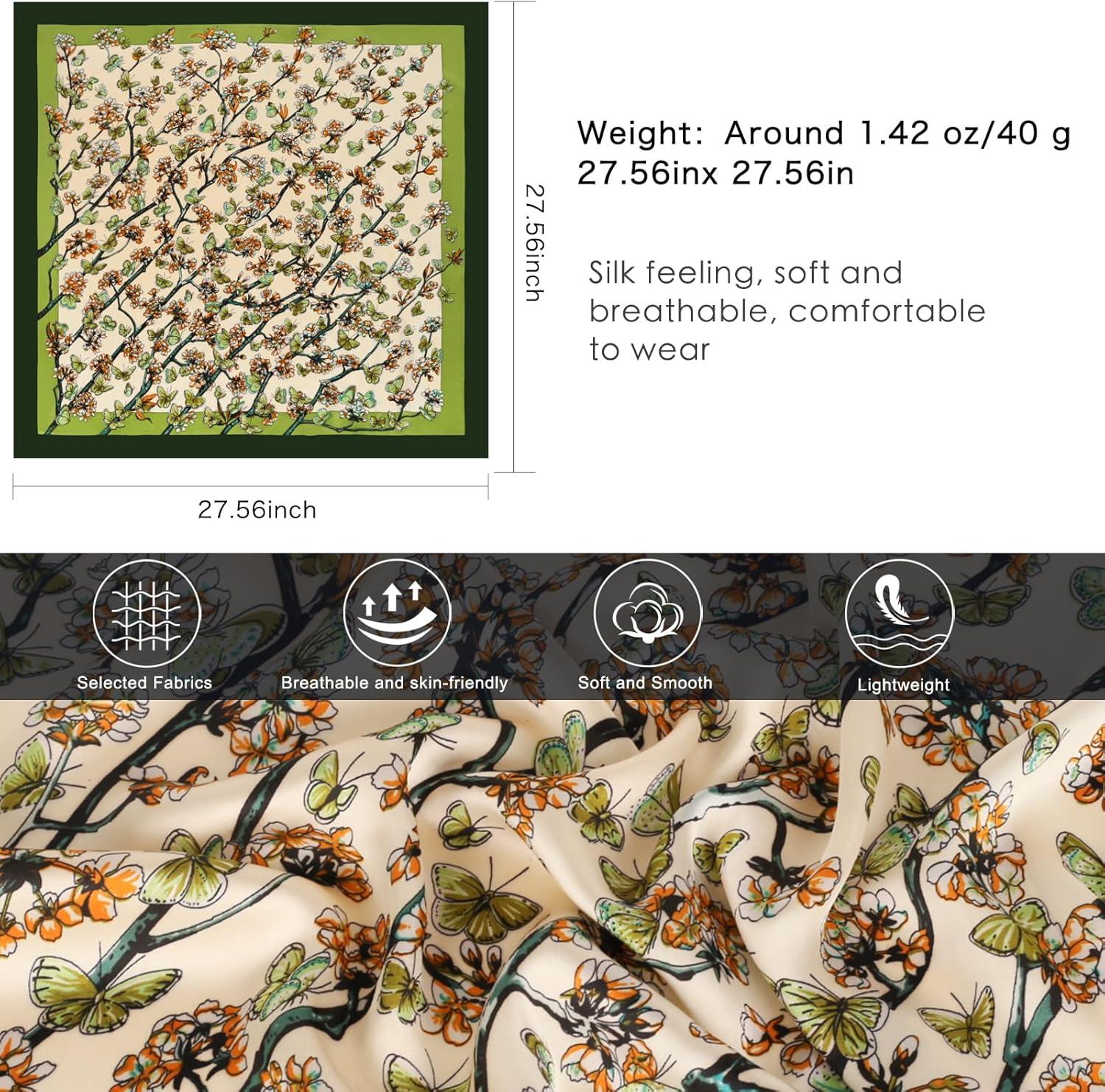 imageEXTREE Silk Feeling Scarf Medium Square Satin Head Scarf Sleeping Hair Wrapping for Women 275  275 inchesButterfly on the Flower