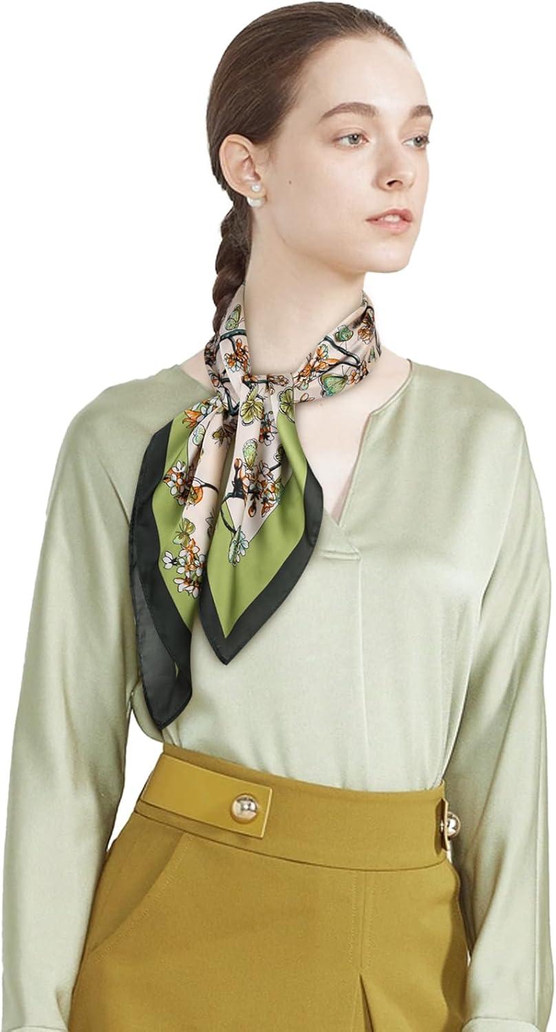 imageEXTREE Silk Feeling Scarf Medium Square Satin Head Scarf Sleeping Hair Wrapping for Women 275  275 inchesButterfly on the Flower