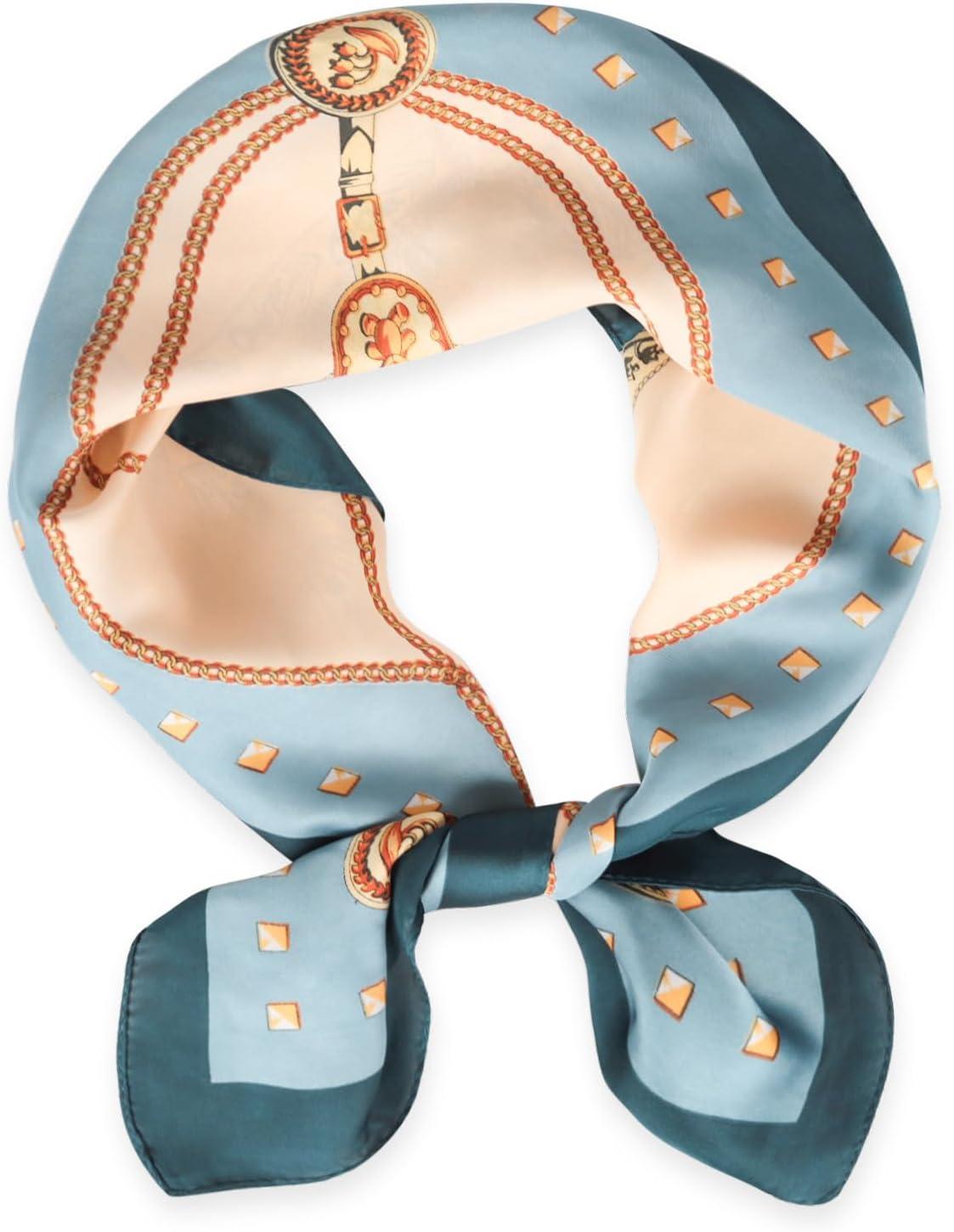 imageEXTREE Silk Feeling Scarf Medium Square Satin Head Scarf Sleeping Hair Wrapping for Women 275  275 inchesCamel Iron Chain Blue