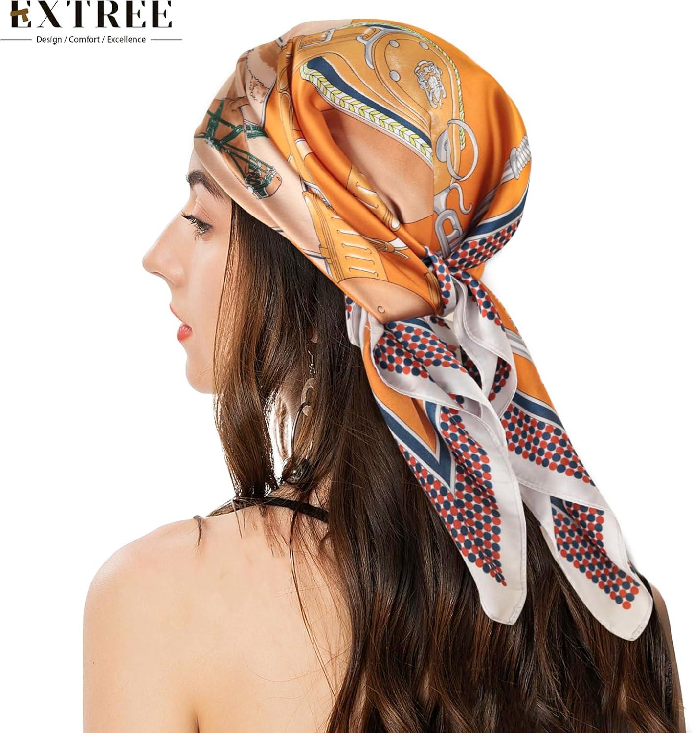 imageEXTREE Silk Feeling Scarf Medium Square Satin Head Scarf Sleeping Hair Wrapping for Women 275  275 inchesCarriage Orange