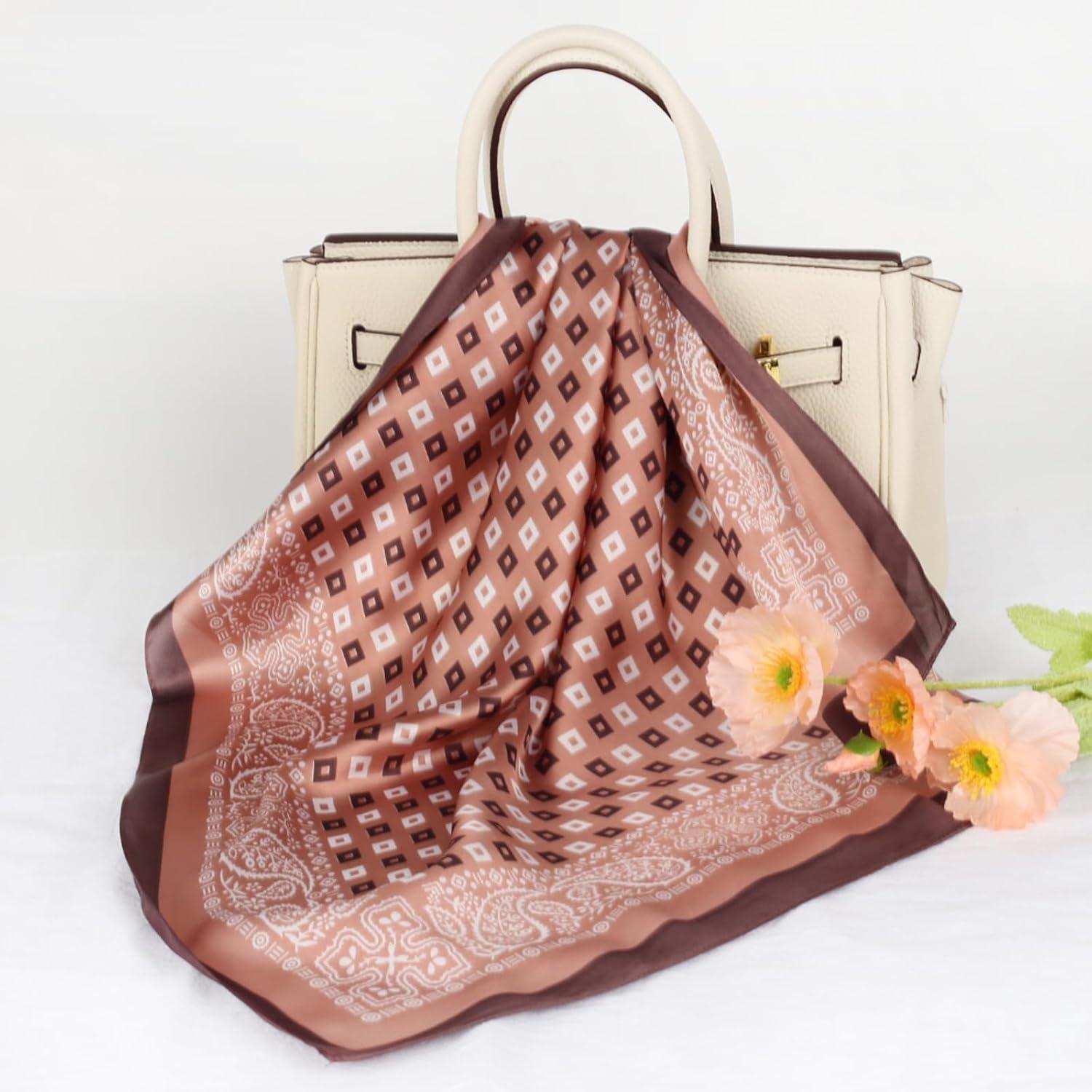 imageEXTREE Silk Feeling Scarf Medium Square Satin Head Scarf Sleeping Hair Wrapping for Women 275  275 inchesCashews Surround the Cubes of Red Bean Paste