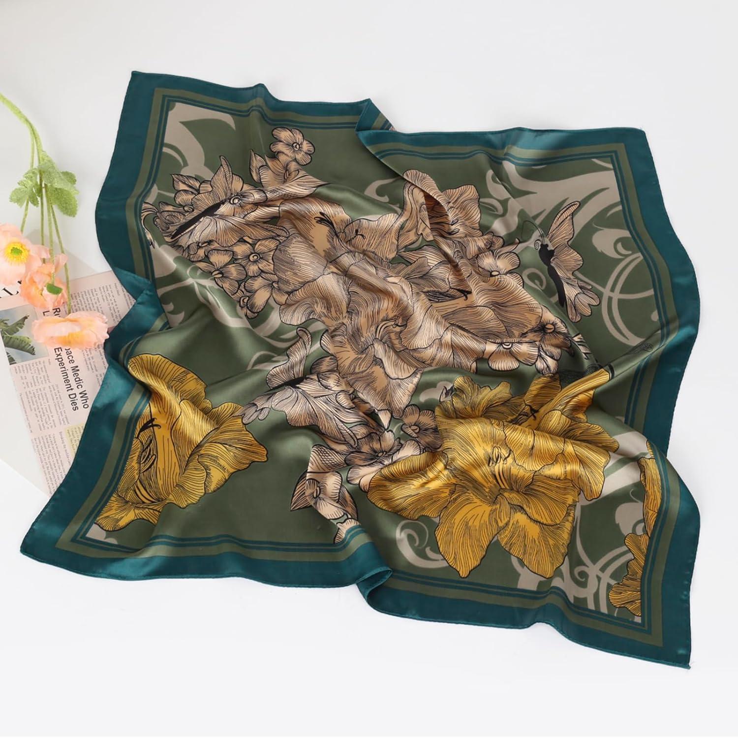 imageEXTREE Silk Feeling Scarf Medium Square Satin Head Scarf Sleeping Hair Wrapping for Women 275  275 inchesChunxi Green