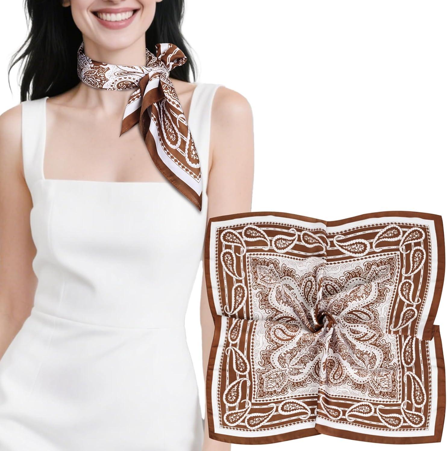 imageEXTREE Silk Feeling Scarf Medium Square Satin Head Scarf Sleeping Hair Wrapping for Women 275  275 inchesCurry Mit Cashewblten