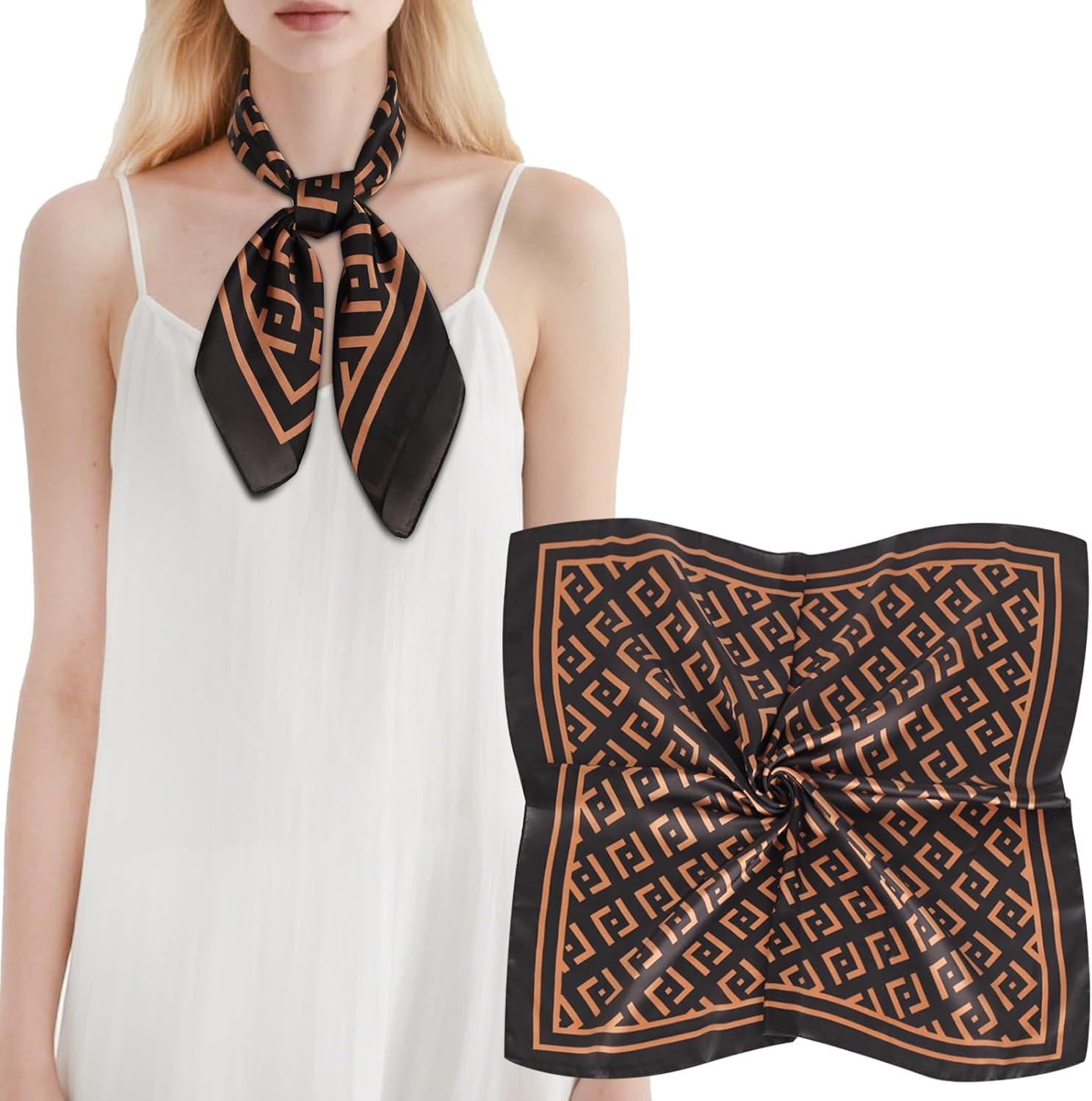 imageEXTREE Silk Feeling Scarf Medium Square Satin Head Scarf Sleeping Hair Wrapping for Women 275  275 inchesDark Brown