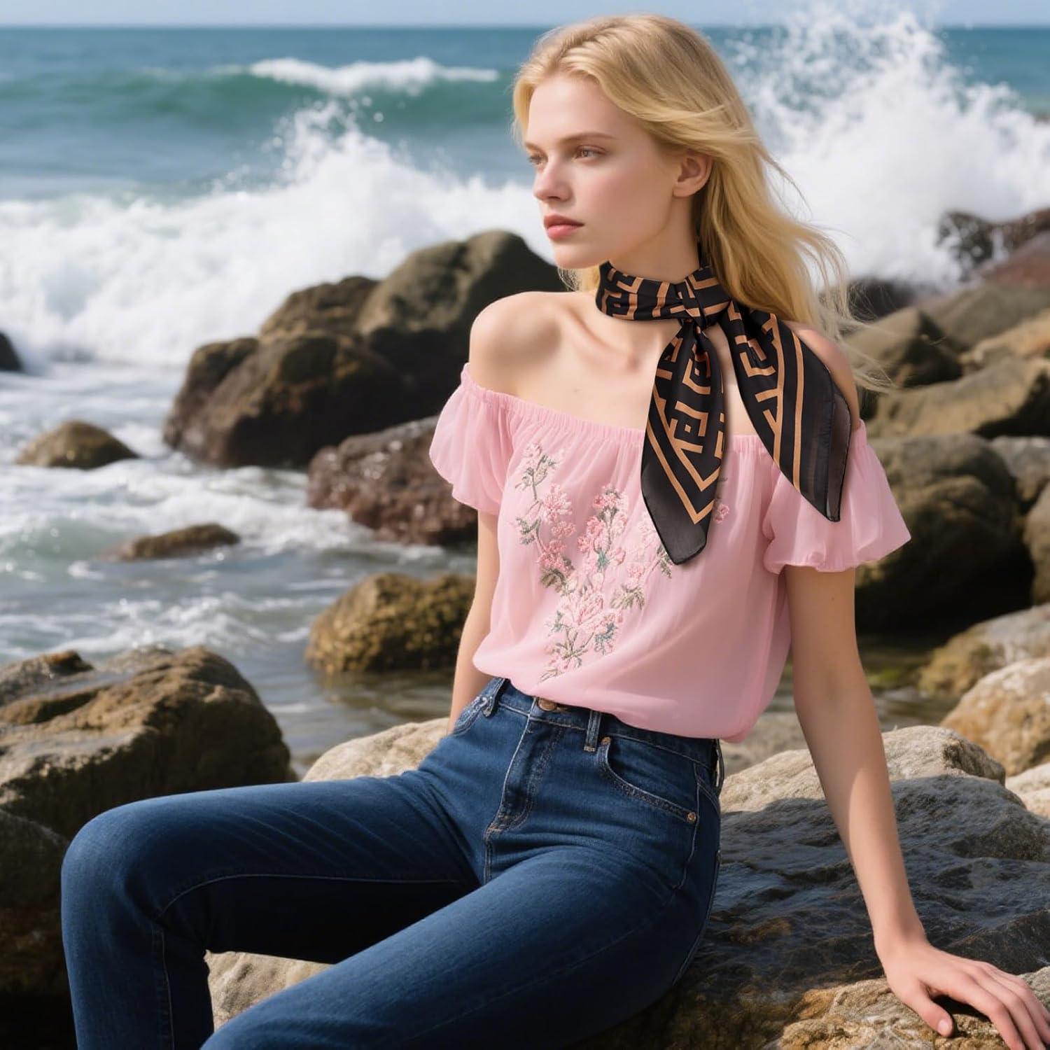 imageEXTREE Silk Feeling Scarf Medium Square Satin Head Scarf Sleeping Hair Wrapping for Women 275  275 inchesDark Brown