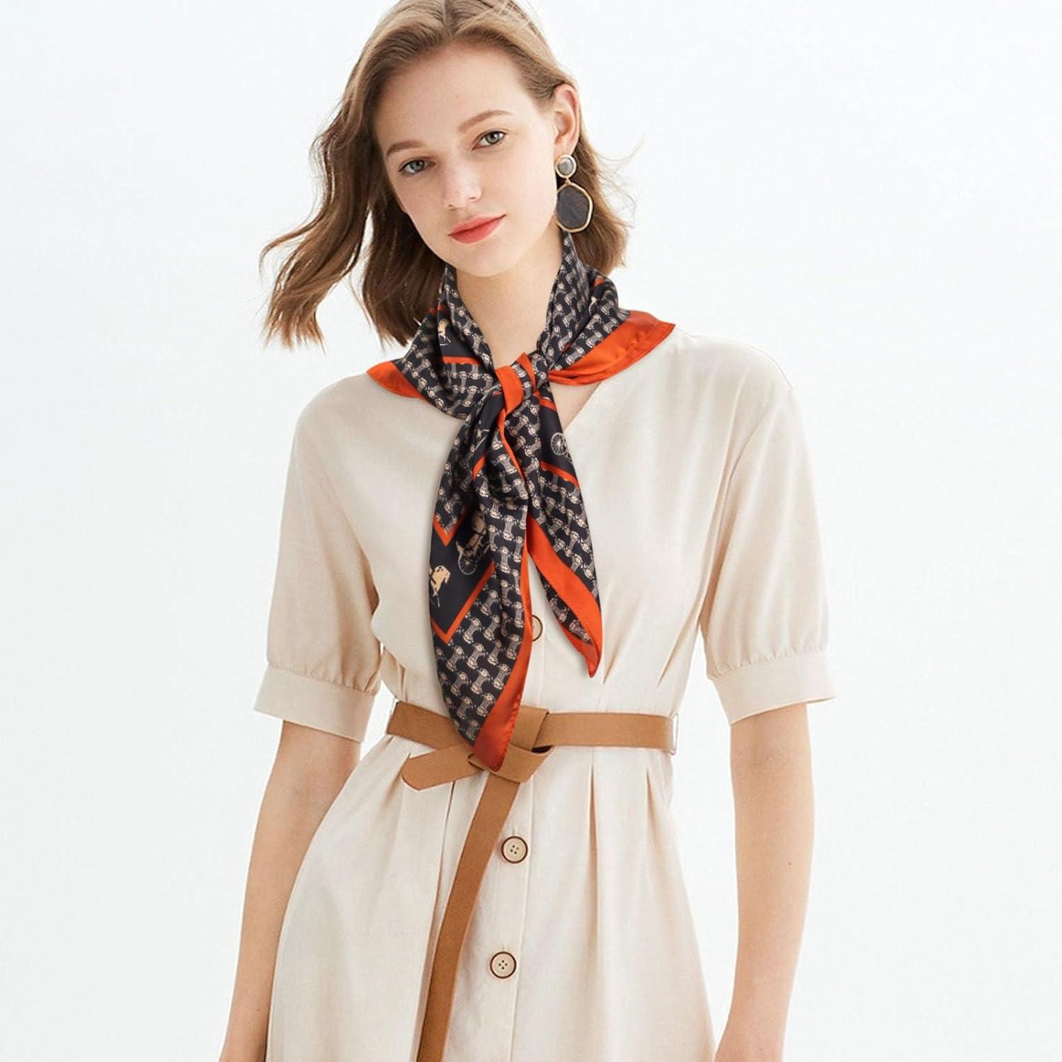 imageEXTREE Silk Feeling Scarf Medium Square Satin Head Scarf Sleeping Hair Wrapping for Women 275  275 inchesDark Brown Arc De Triomphe