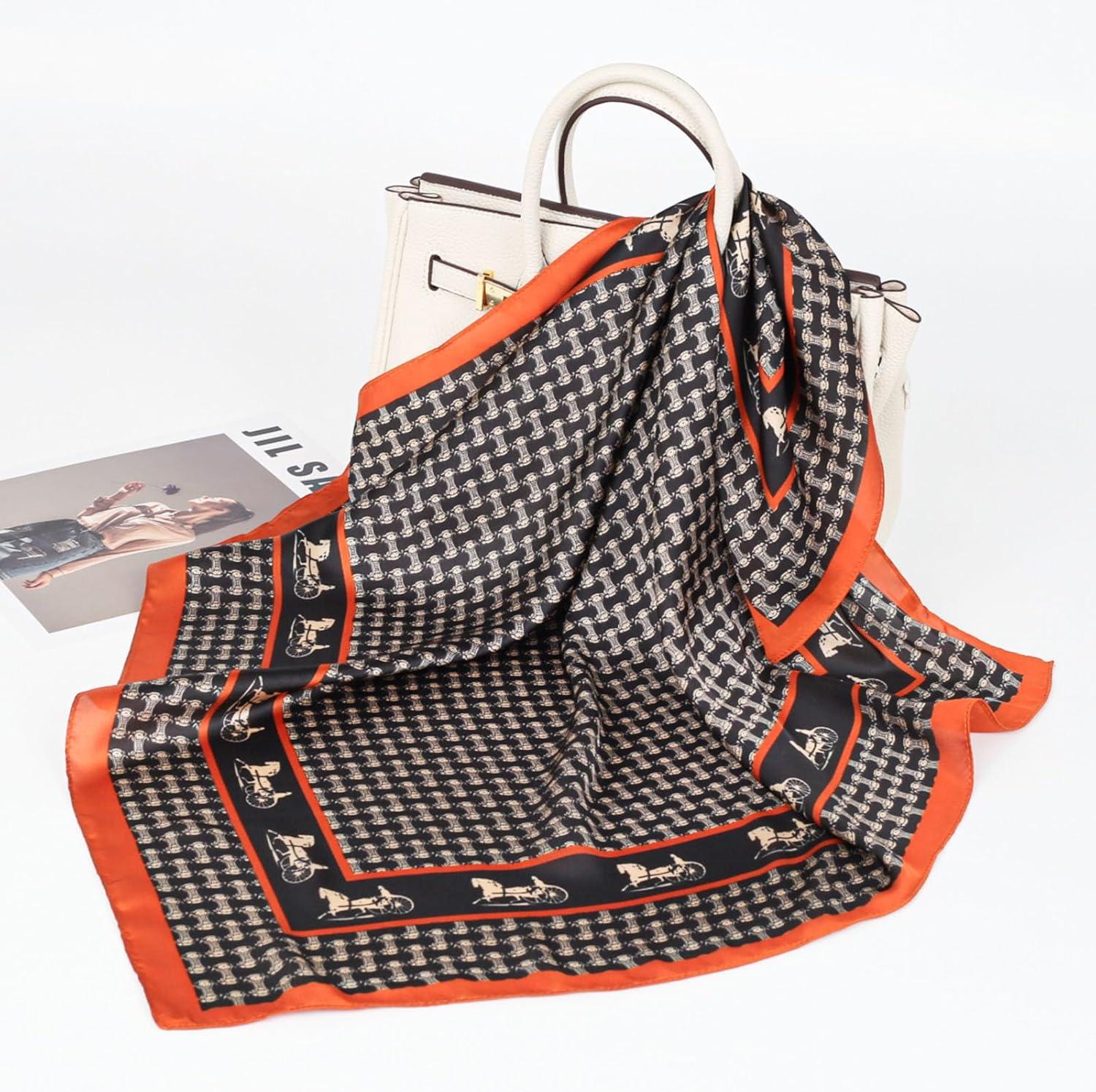 imageEXTREE Silk Feeling Scarf Medium Square Satin Head Scarf Sleeping Hair Wrapping for Women 275  275 inchesDark Brown Arc De Triomphe