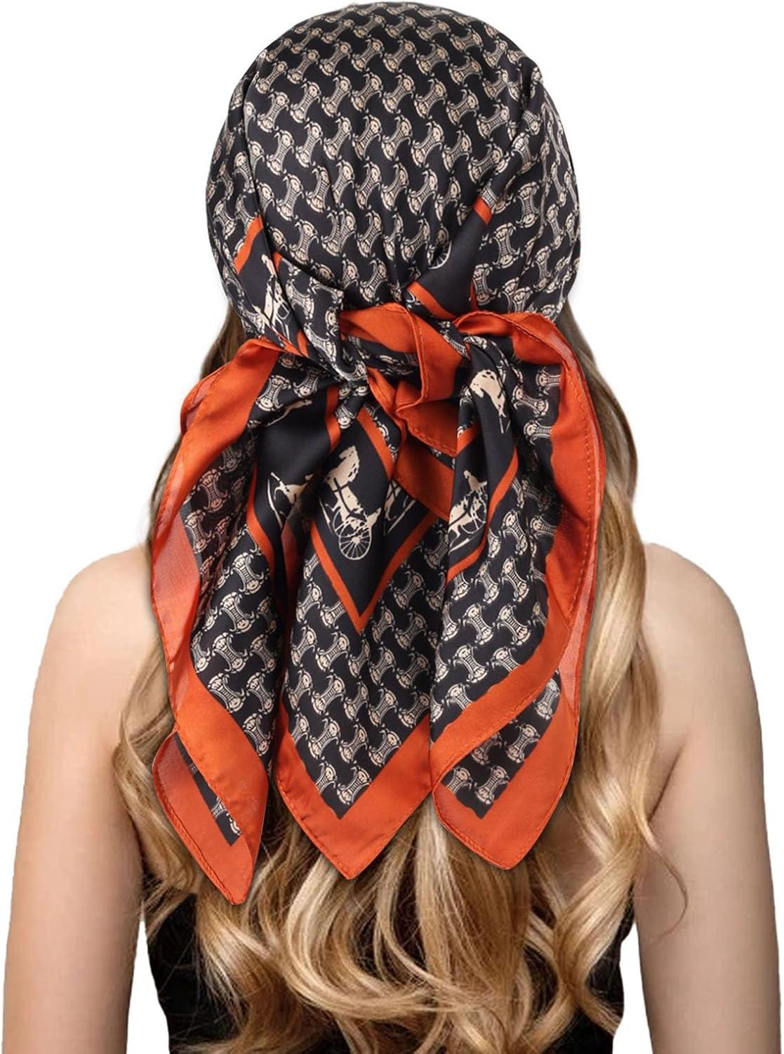 imageEXTREE Silk Feeling Scarf Medium Square Satin Head Scarf Sleeping Hair Wrapping for Women 275  275 inchesDark Brown Arc De Triomphe