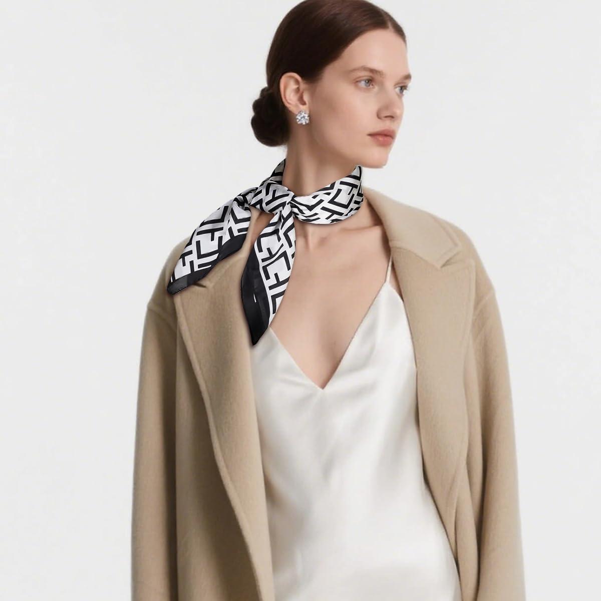 imageEXTREE Silk Feeling Scarf Medium Square Satin Head Scarf Sleeping Hair Wrapping for Women 275  275 inchesEt Stylish Letters Blac