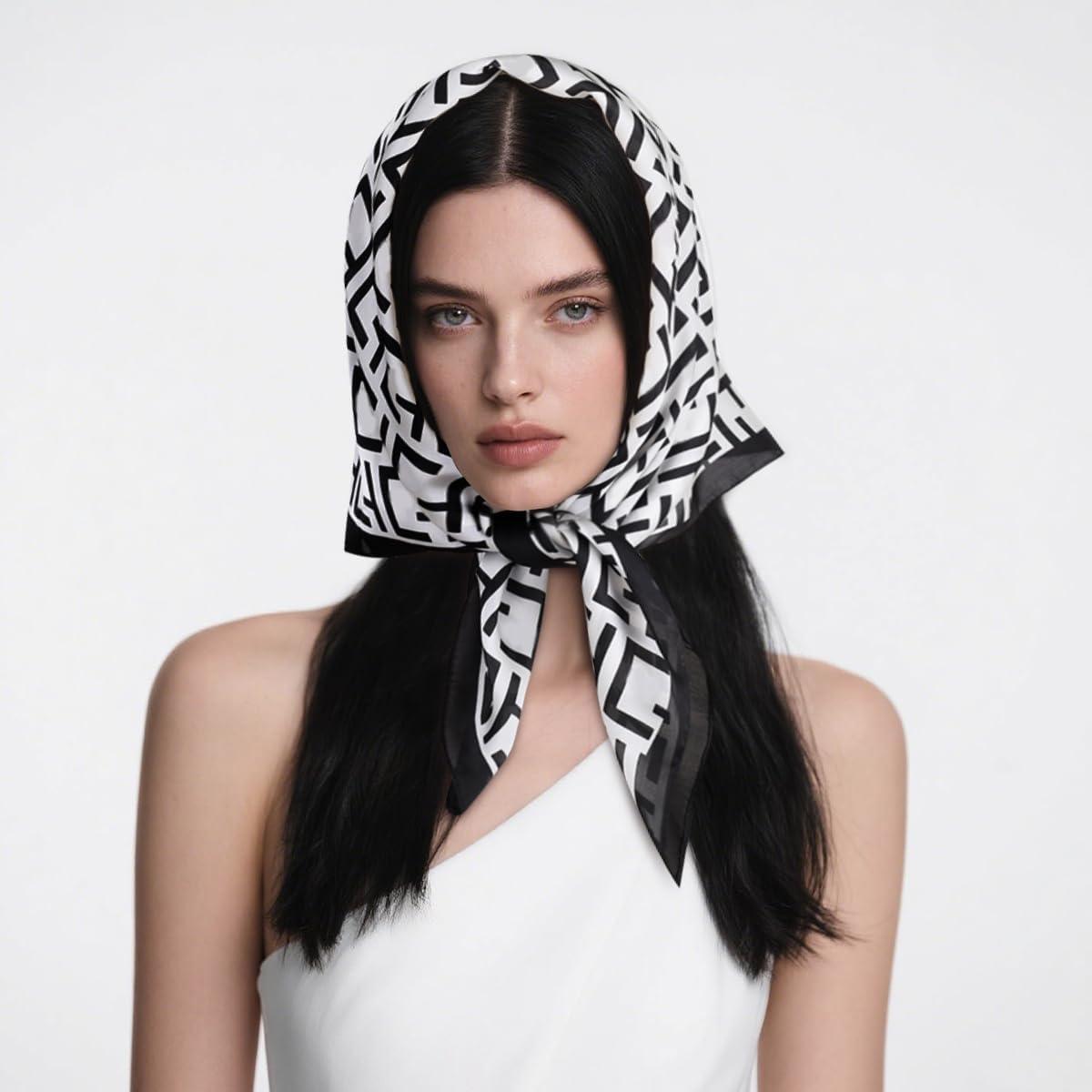 imageEXTREE Silk Feeling Scarf Medium Square Satin Head Scarf Sleeping Hair Wrapping for Women 275  275 inchesEt Stylish Letters Blac