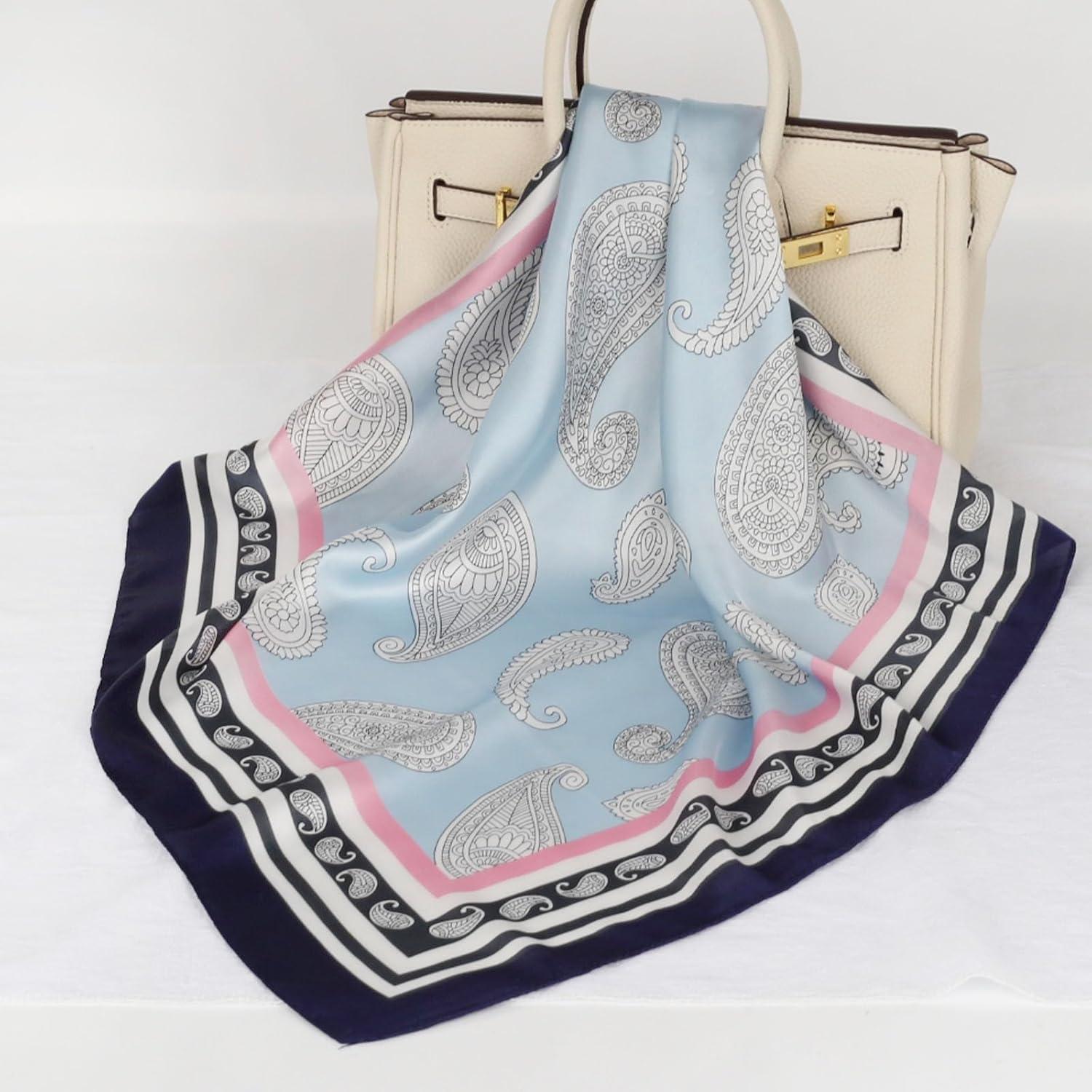 imageEXTREE Silk Feeling Scarf Medium Square Satin Head Scarf Sleeping Hair Wrapping for Women 275  275 inchesFeather Cashew Blue