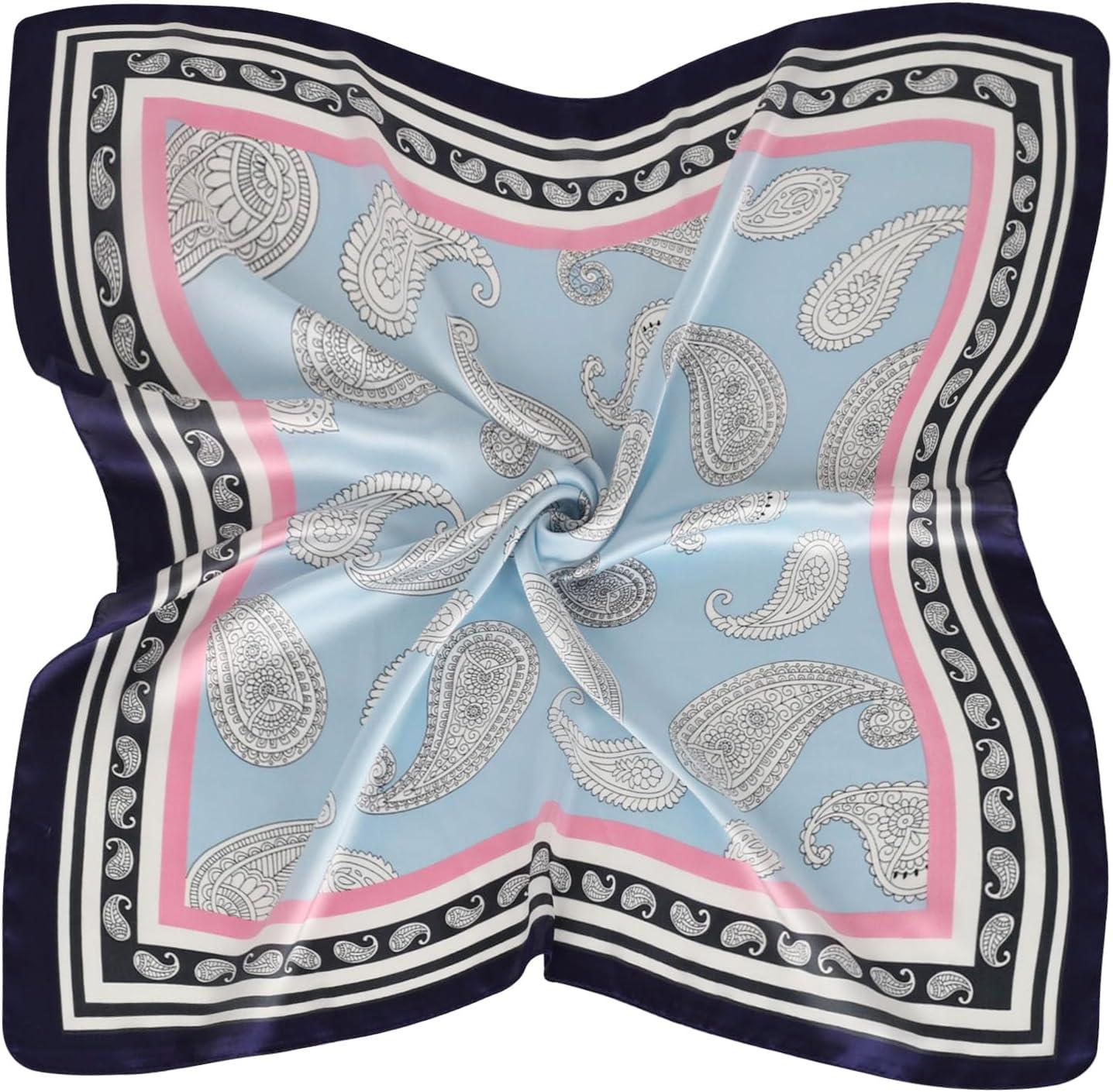 imageEXTREE Silk Feeling Scarf Medium Square Satin Head Scarf Sleeping Hair Wrapping for Women 275  275 inchesFeather Cashew Blue