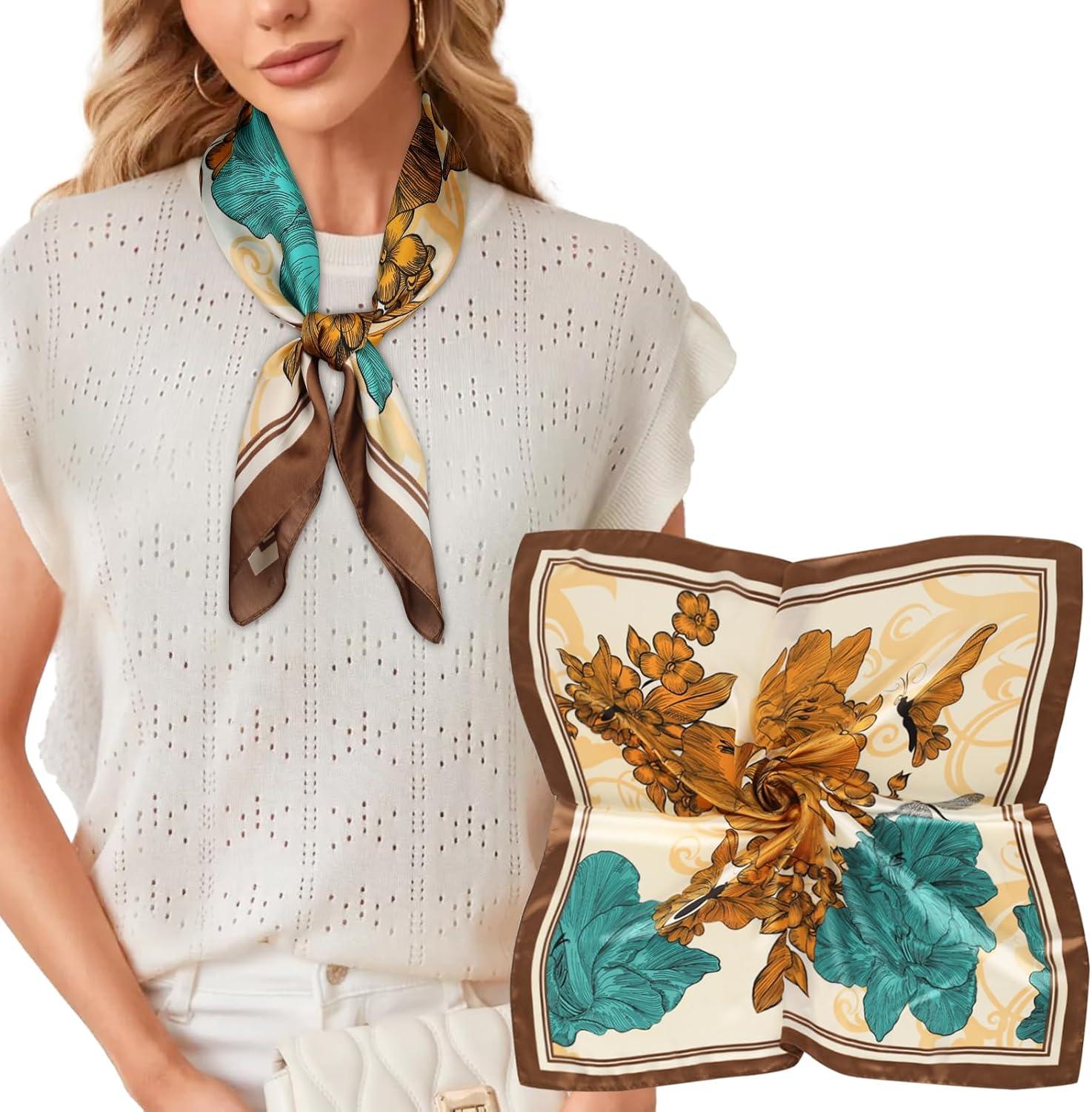 imageEXTREE Silk Feeling Scarf Medium Square Satin Head Scarf Sleeping Hair Wrapping for Women 275  275 inchesFine Line Twocolor Large Flower Brown