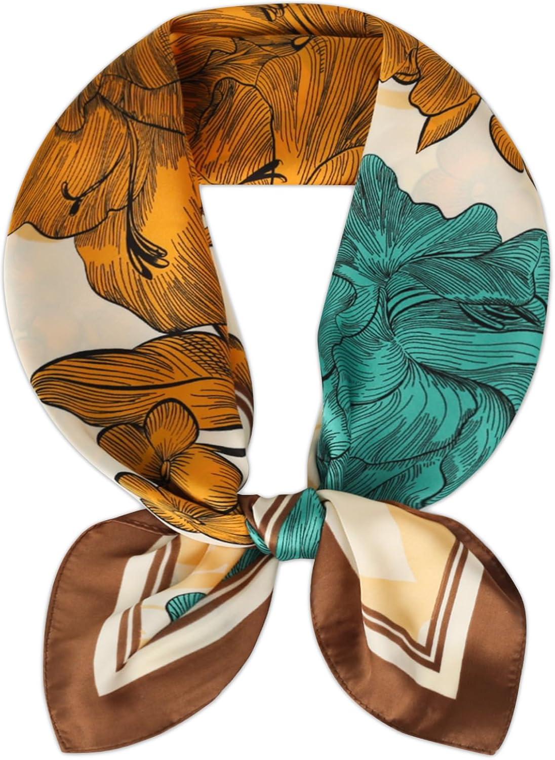 imageEXTREE Silk Feeling Scarf Medium Square Satin Head Scarf Sleeping Hair Wrapping for Women 275  275 inchesFine Line Twocolor Large Flower Brown