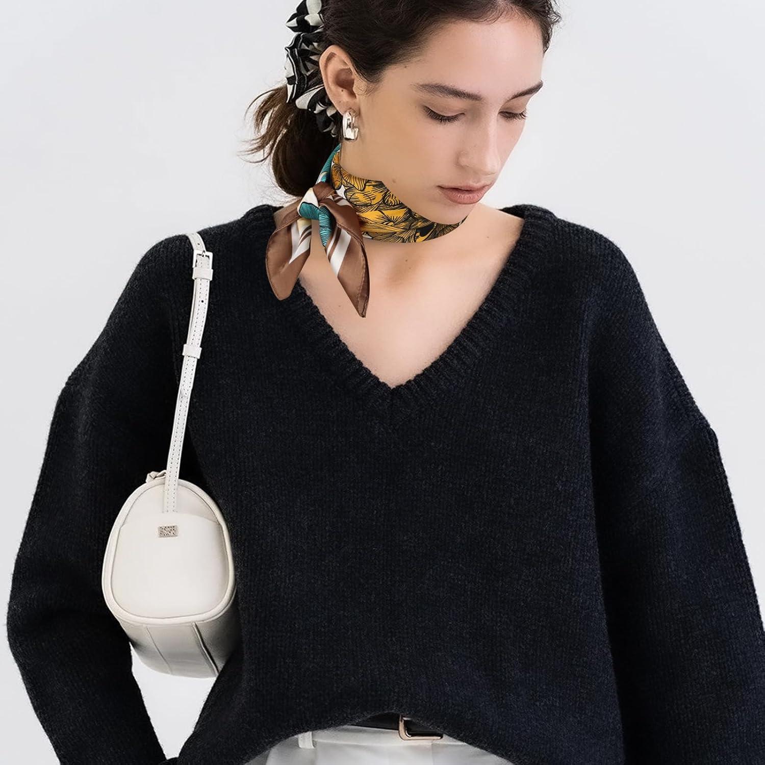 imageEXTREE Silk Feeling Scarf Medium Square Satin Head Scarf Sleeping Hair Wrapping for Women 275  275 inchesFine Line Twocolor Large Flower Brown