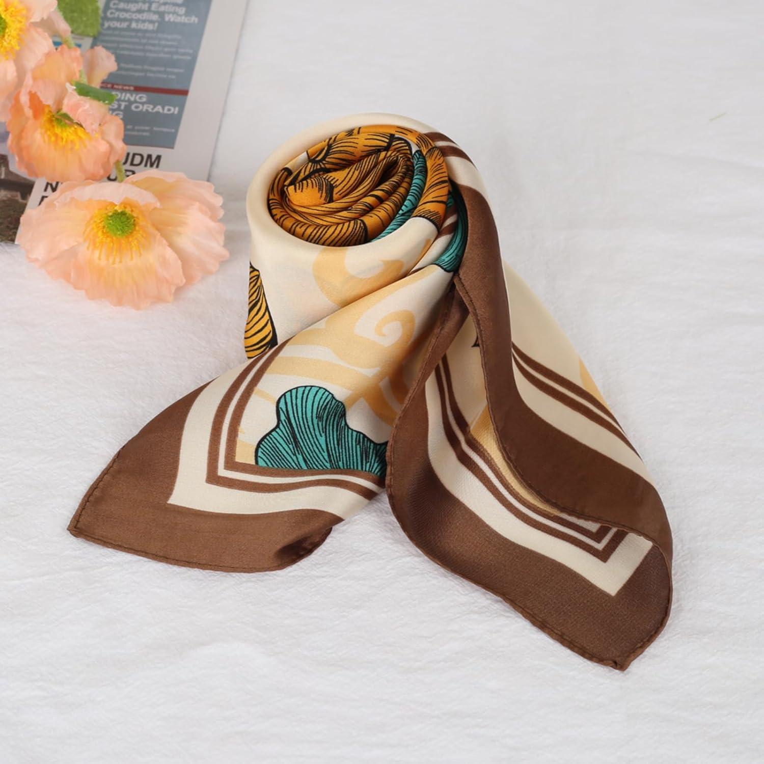 imageEXTREE Silk Feeling Scarf Medium Square Satin Head Scarf Sleeping Hair Wrapping for Women 275  275 inchesFine Line Twocolor Large Flower Brown