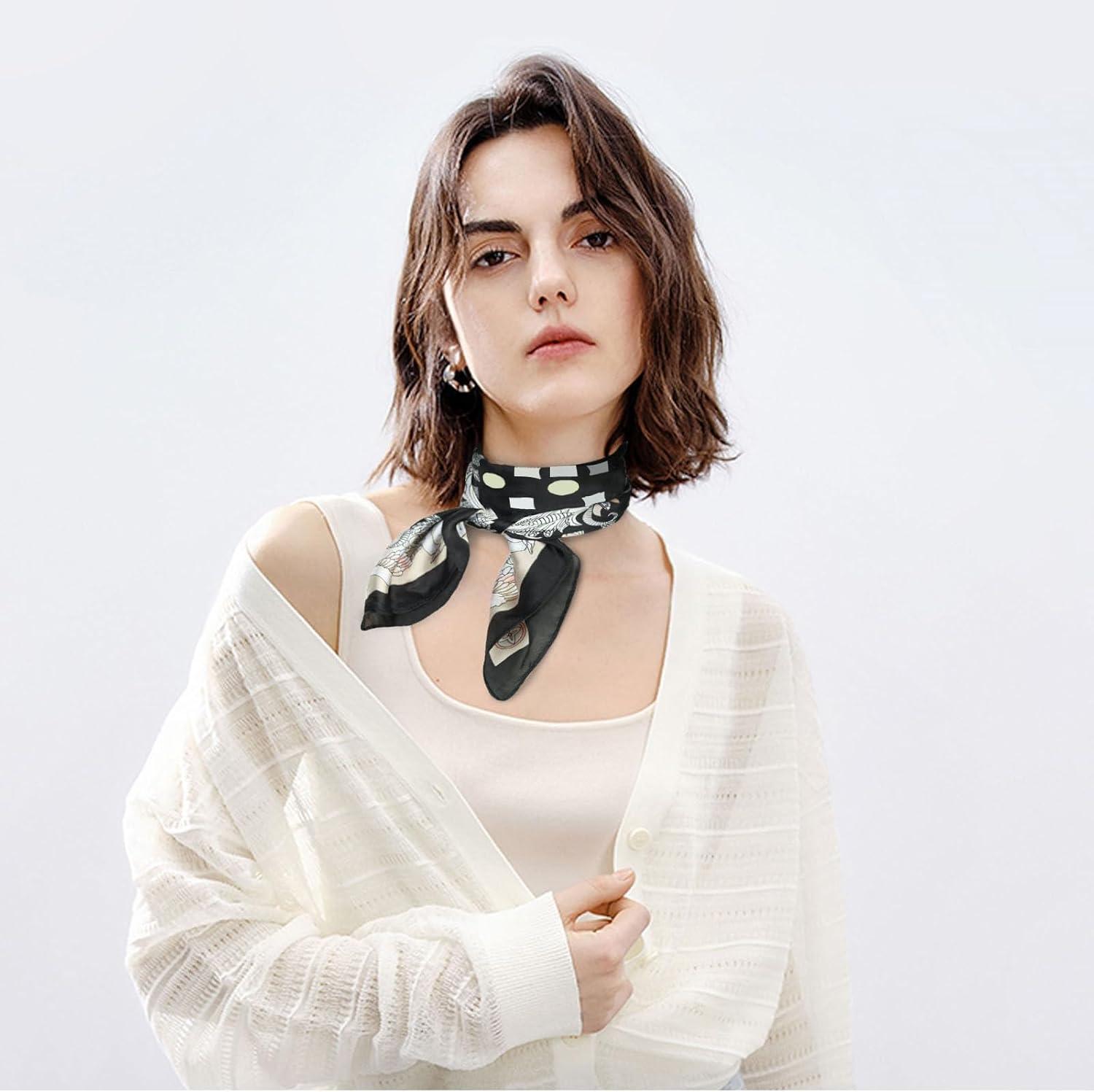 imageEXTREE Silk Feeling Scarf Medium Square Satin Head Scarf Sleeping Hair Wrapping for Women 275  275 inchesFour Leaf Clover Black